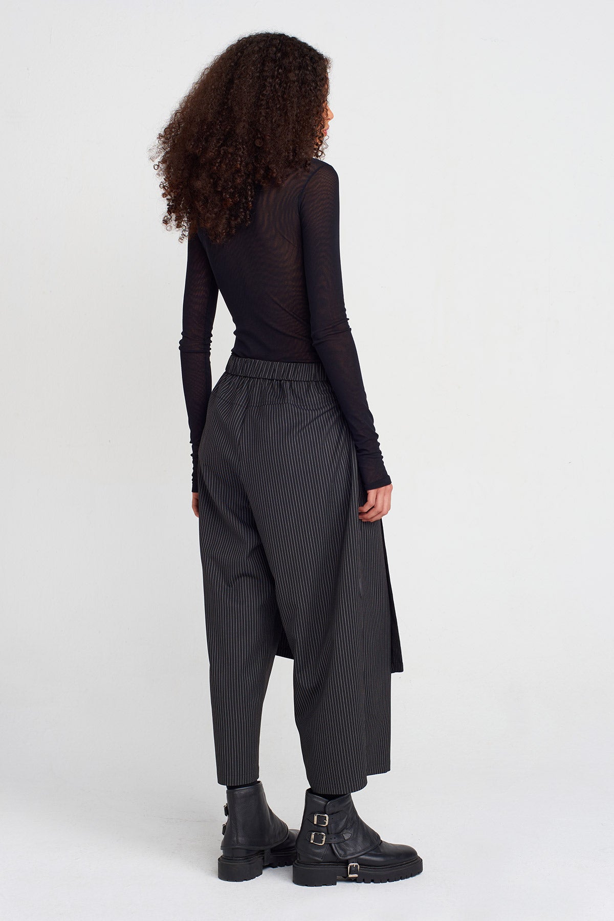 Black Striped Pants with Front Skirt Detail-K253013037