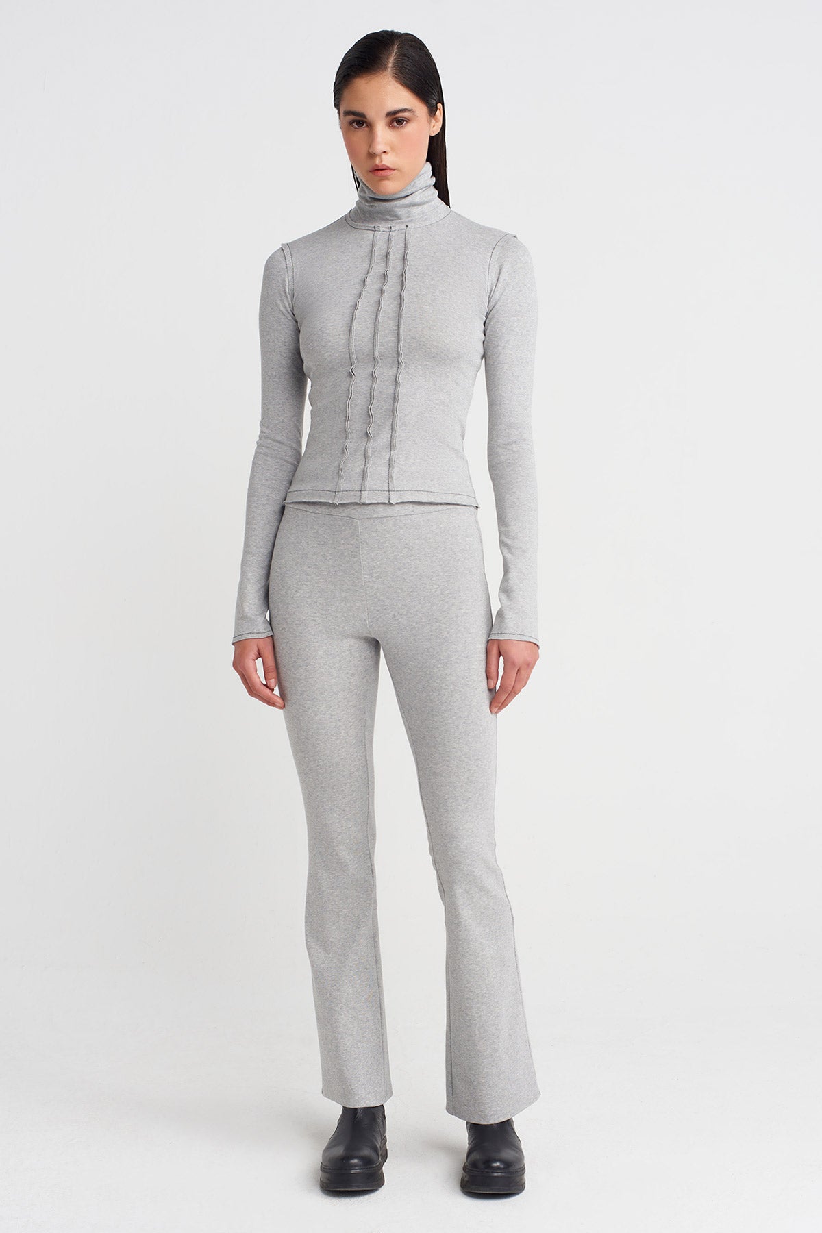 Light Grey Melange Comfort Fit Leggings with Back Hem Slit-K253013039