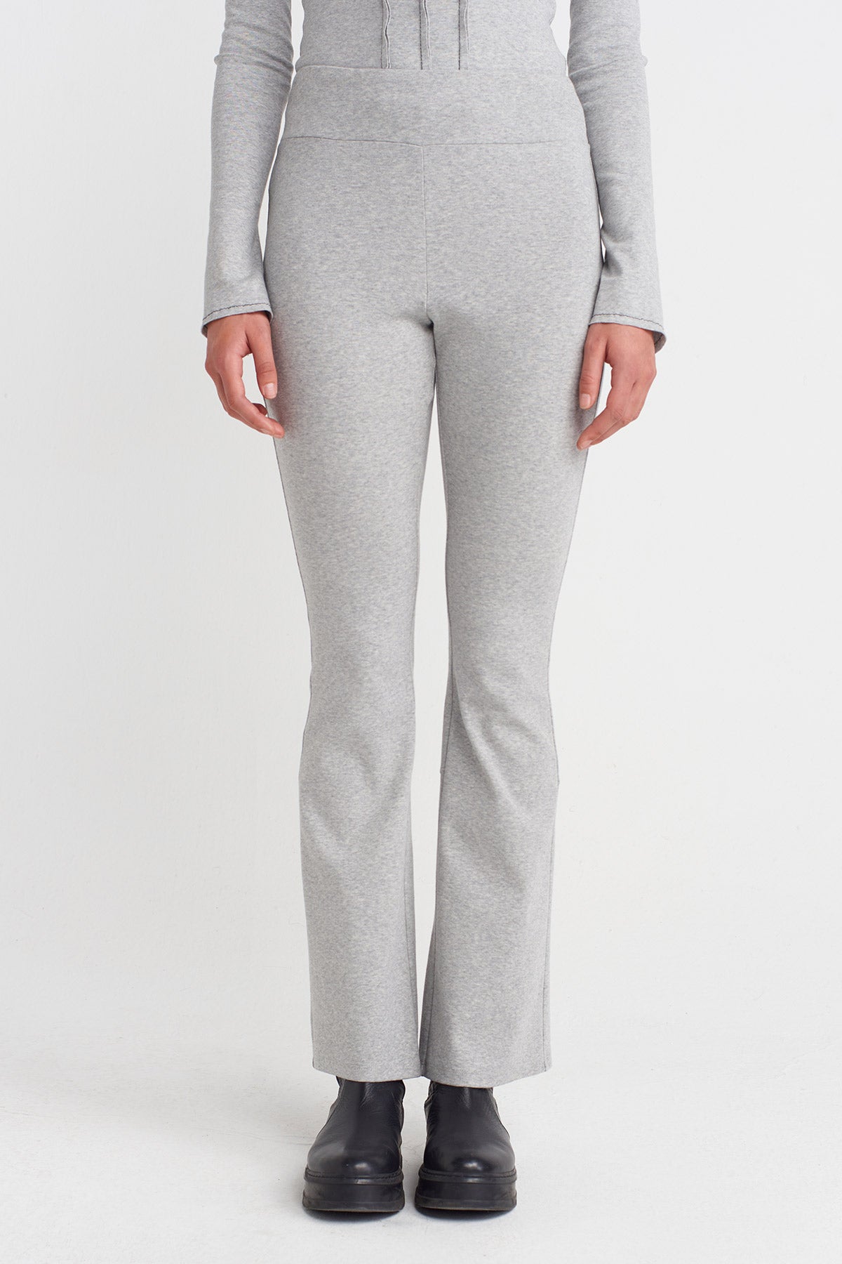 Light Grey Melange Comfort Fit Leggings with Back Hem Slit-K253013039