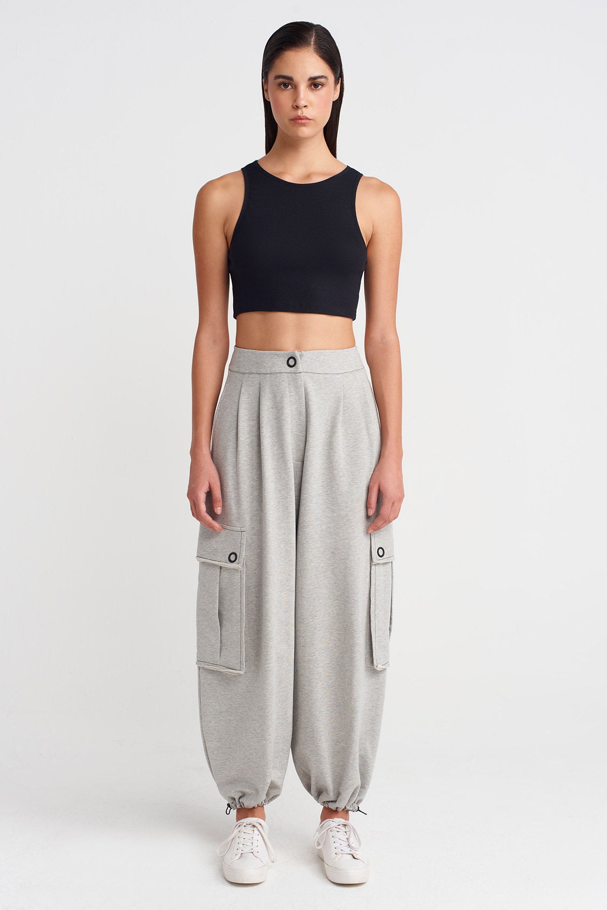 Light Grey Melange Drawstring Hem Pants with Large Pockets-K253013040