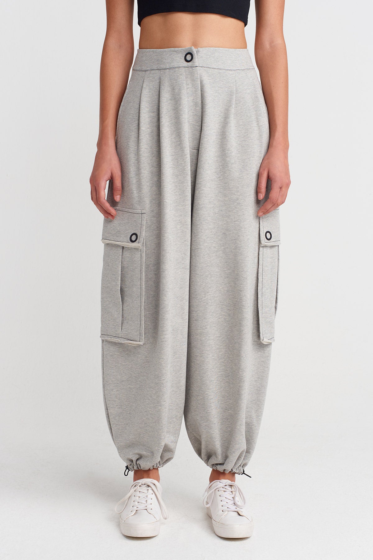 Light Grey Melange Drawstring Hem Pants with Large Pockets-K253013040