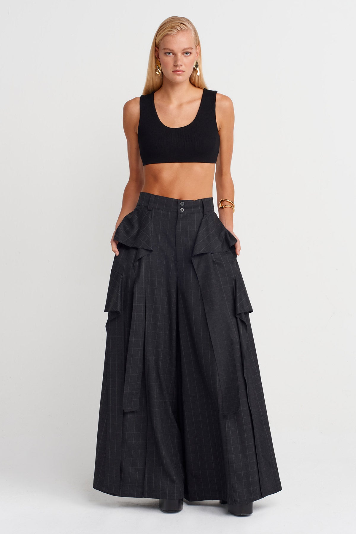 Plaid Detailed Palazzo Trousers-K253013041