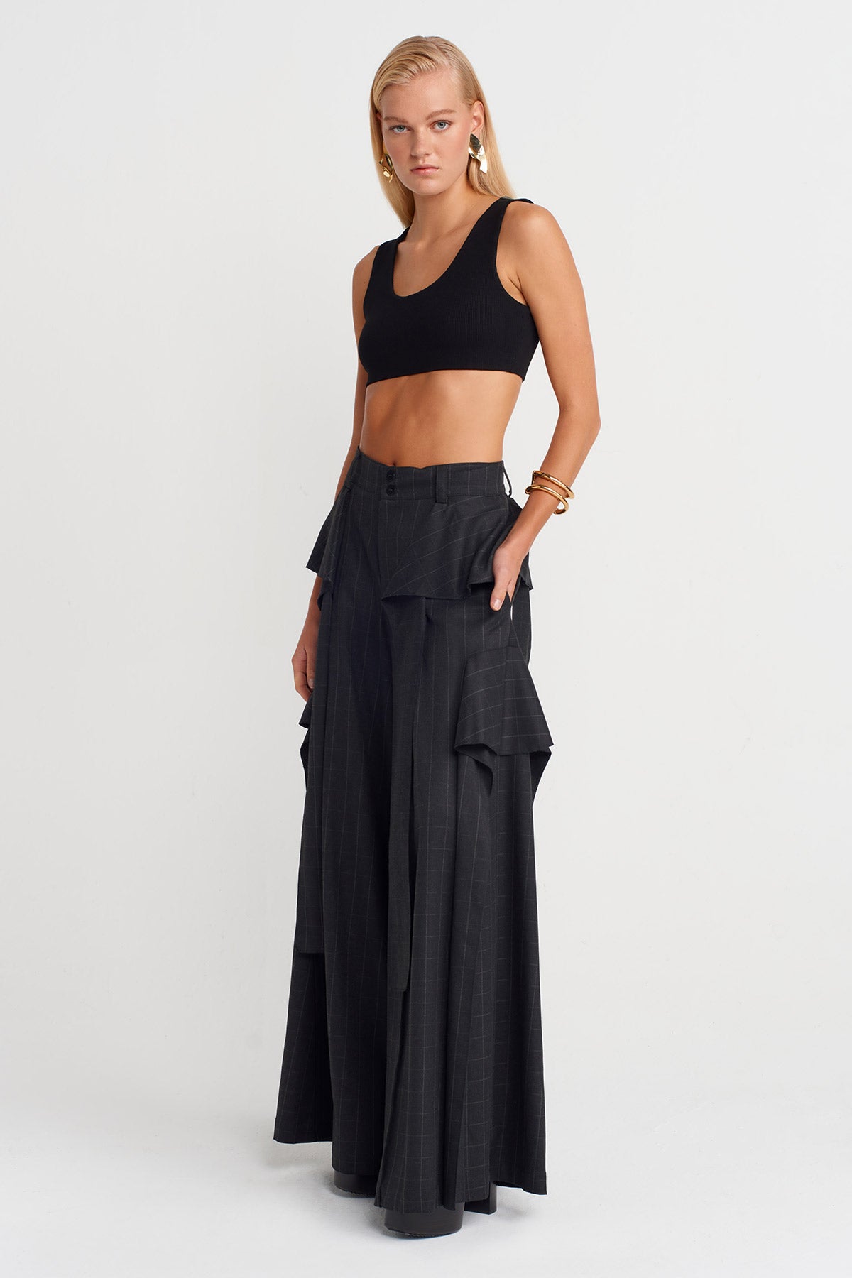 Plaid Detailed Palazzo Trousers-K253013041