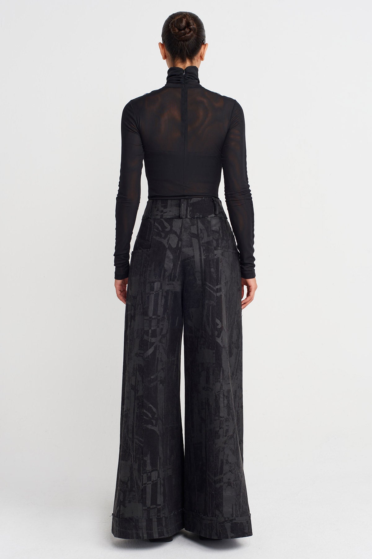 Black Printed Wide-Leg Denim Trousers-K253013044
