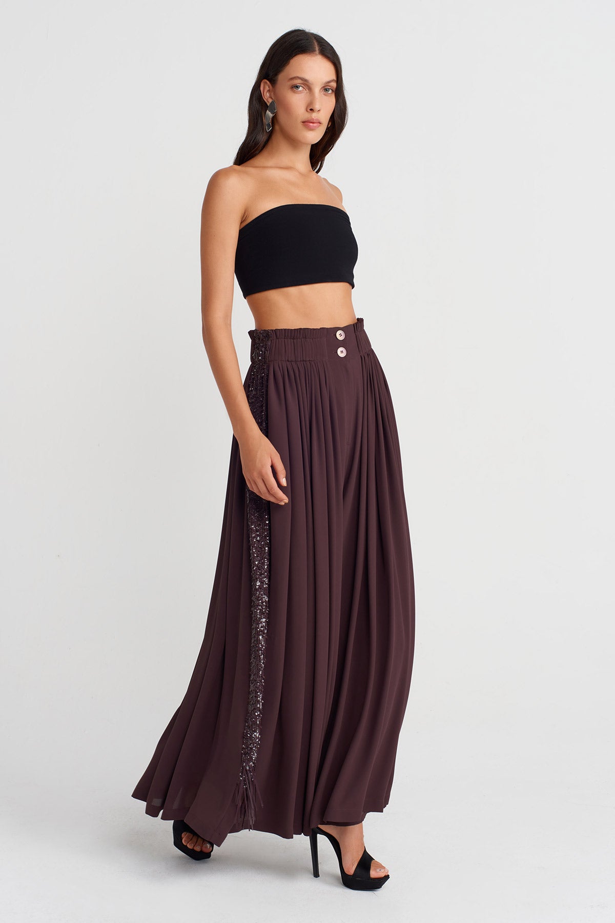 Dark Purple Wide-Leg Pants with Sequin Embroidery on Sides-K253013050