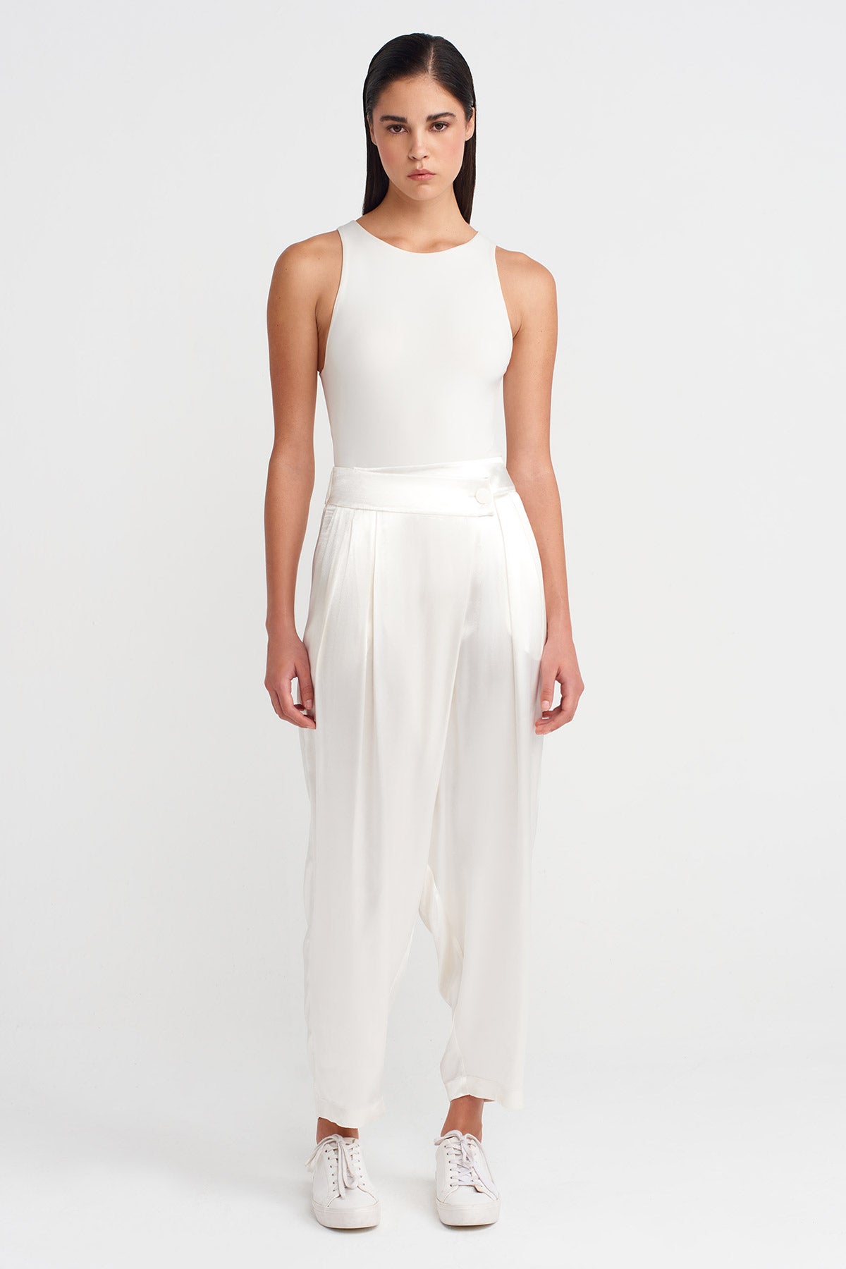 Off White Satin Wrap Harem Pants-K253013063