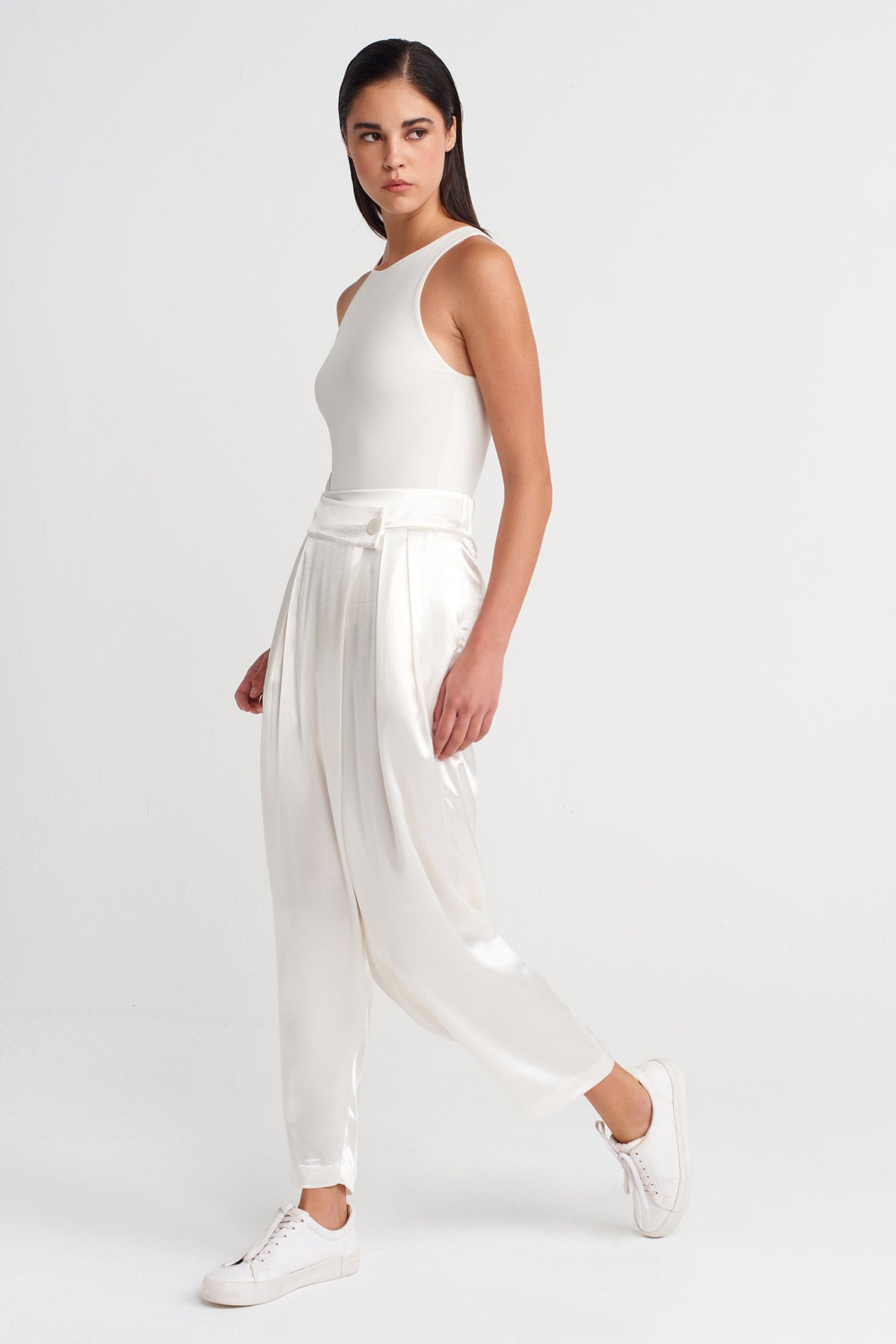 Off White Satin Wrap Harem Pants-K253013063