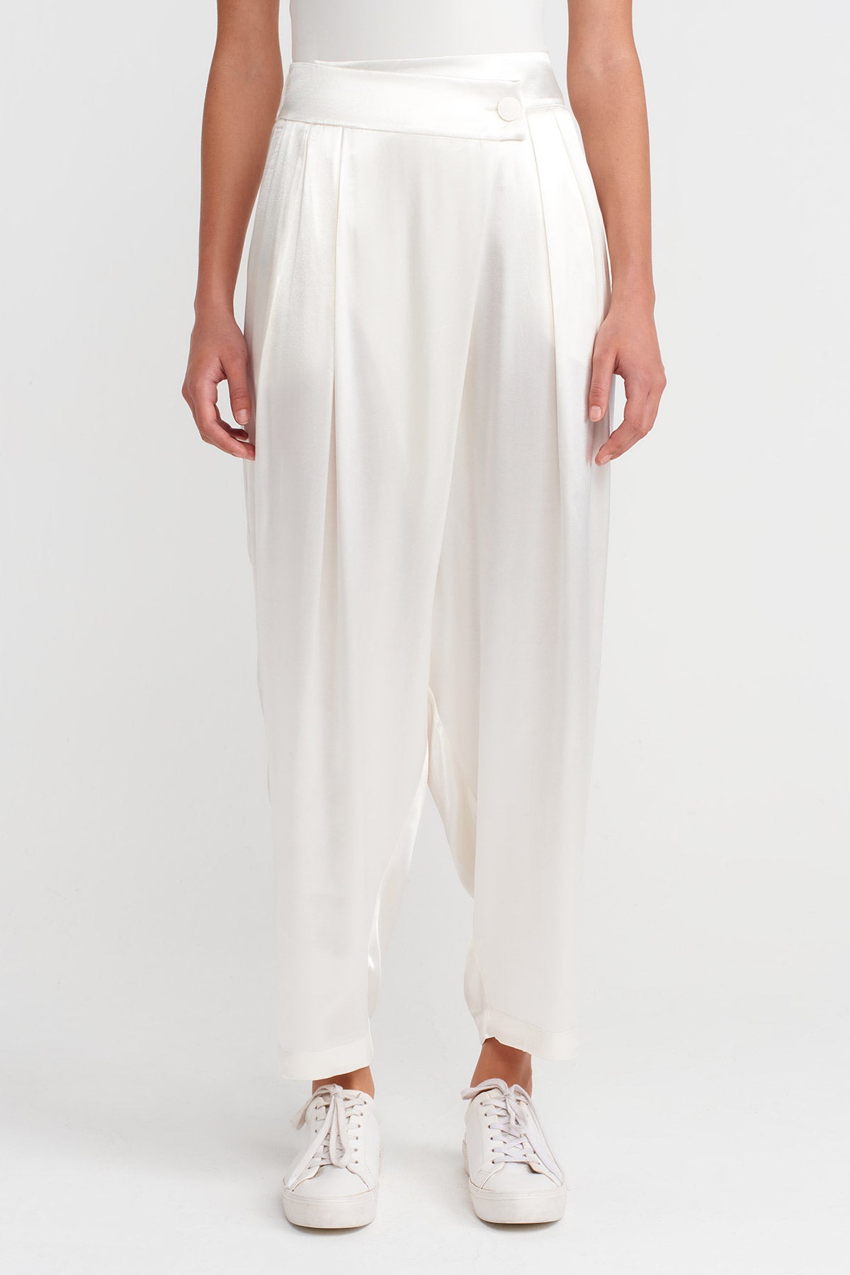 Off White Satin Wrap Harem Pants-K253013063