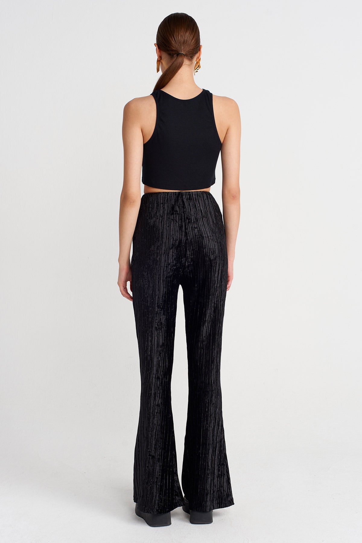 Black Ribbed Crushed Velvet Flared Trousers-K253013064