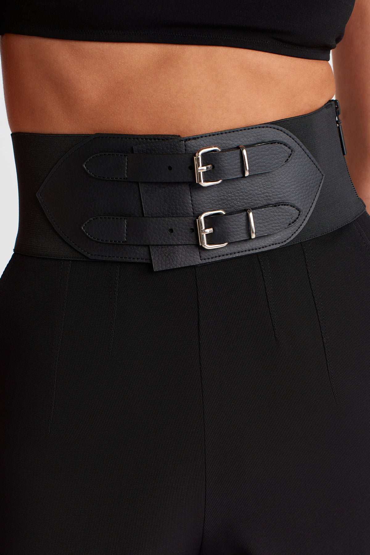 Black Belt-Detail High-Waisted Trousers-K253013065