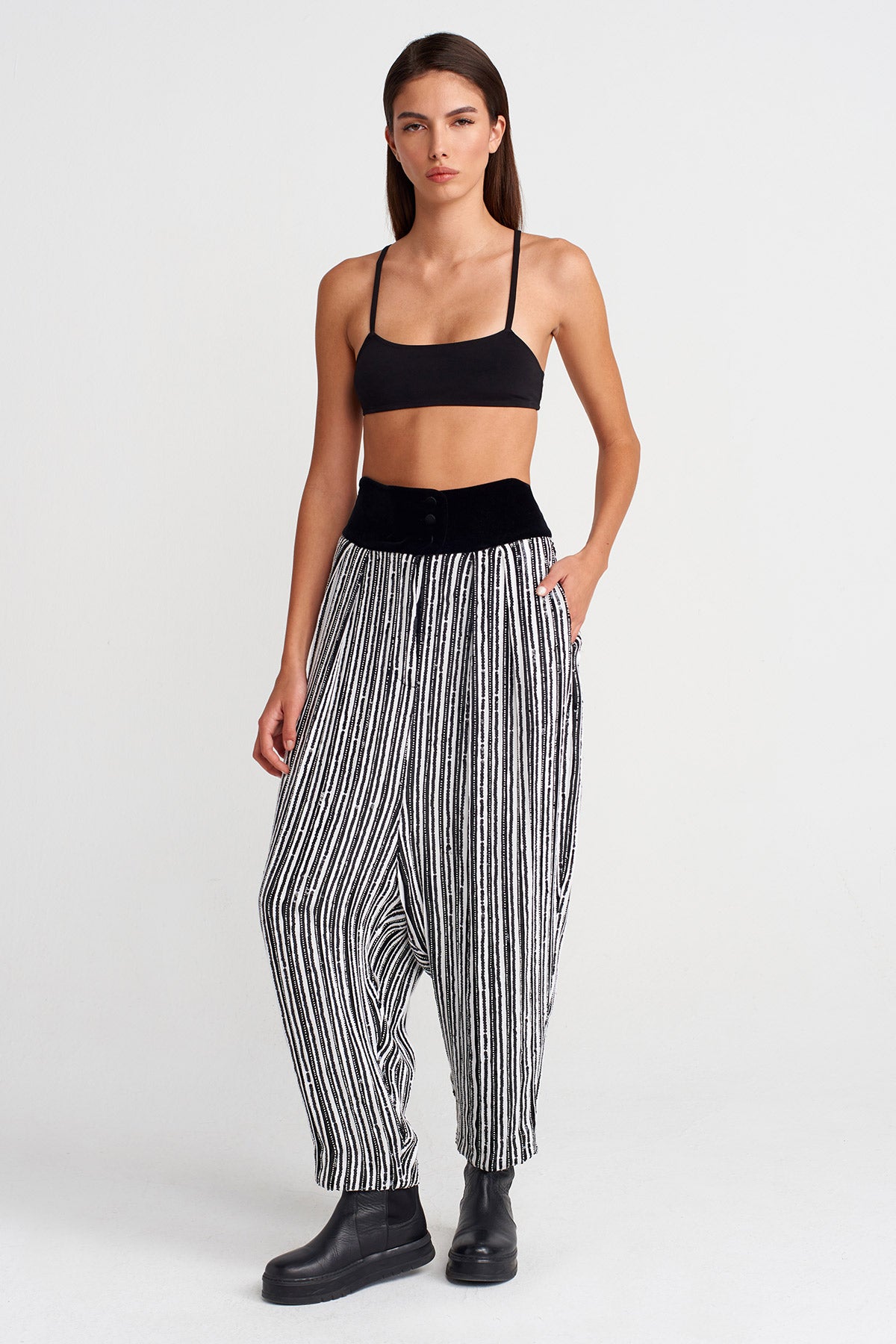 Black/White Velvet-Waist Beaded Trousers-K253013066