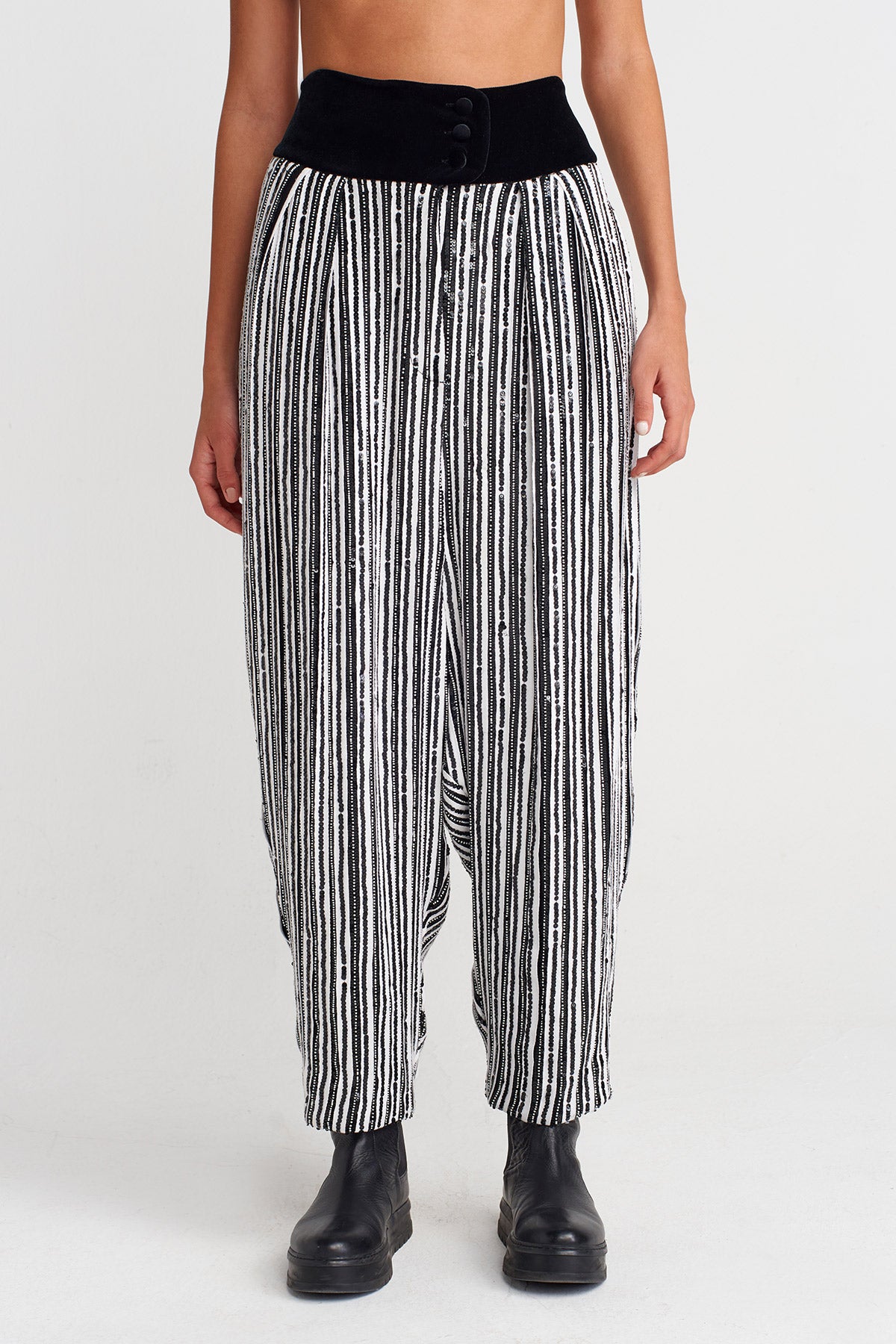 Black/White Velvet-Waist Beaded Trousers-K253013066