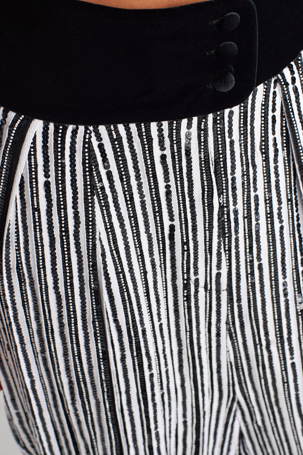 Black/White Velvet-Waist Beaded Trousers-K253013066