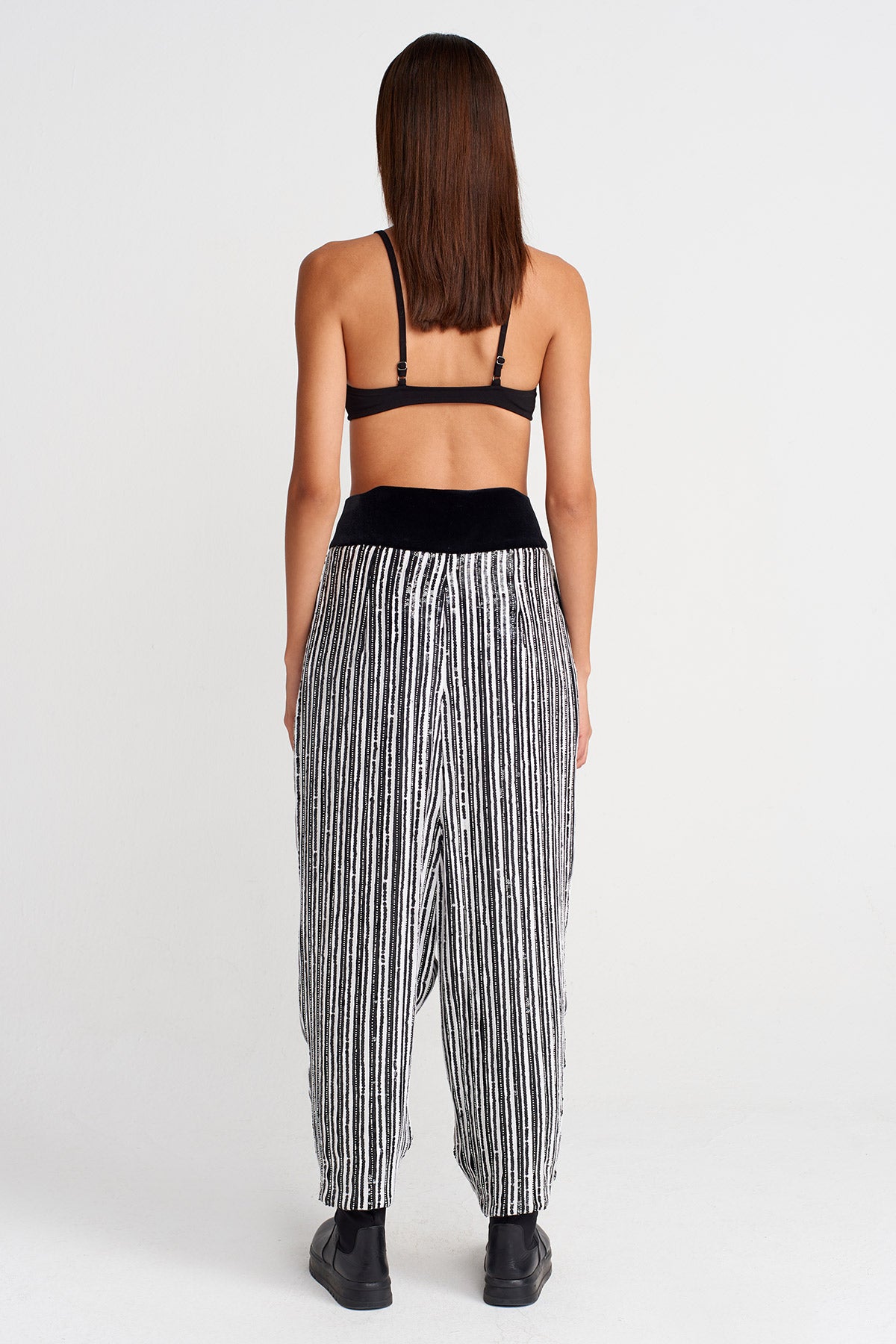 Black/White Velvet-Waist Beaded Trousers-K253013066