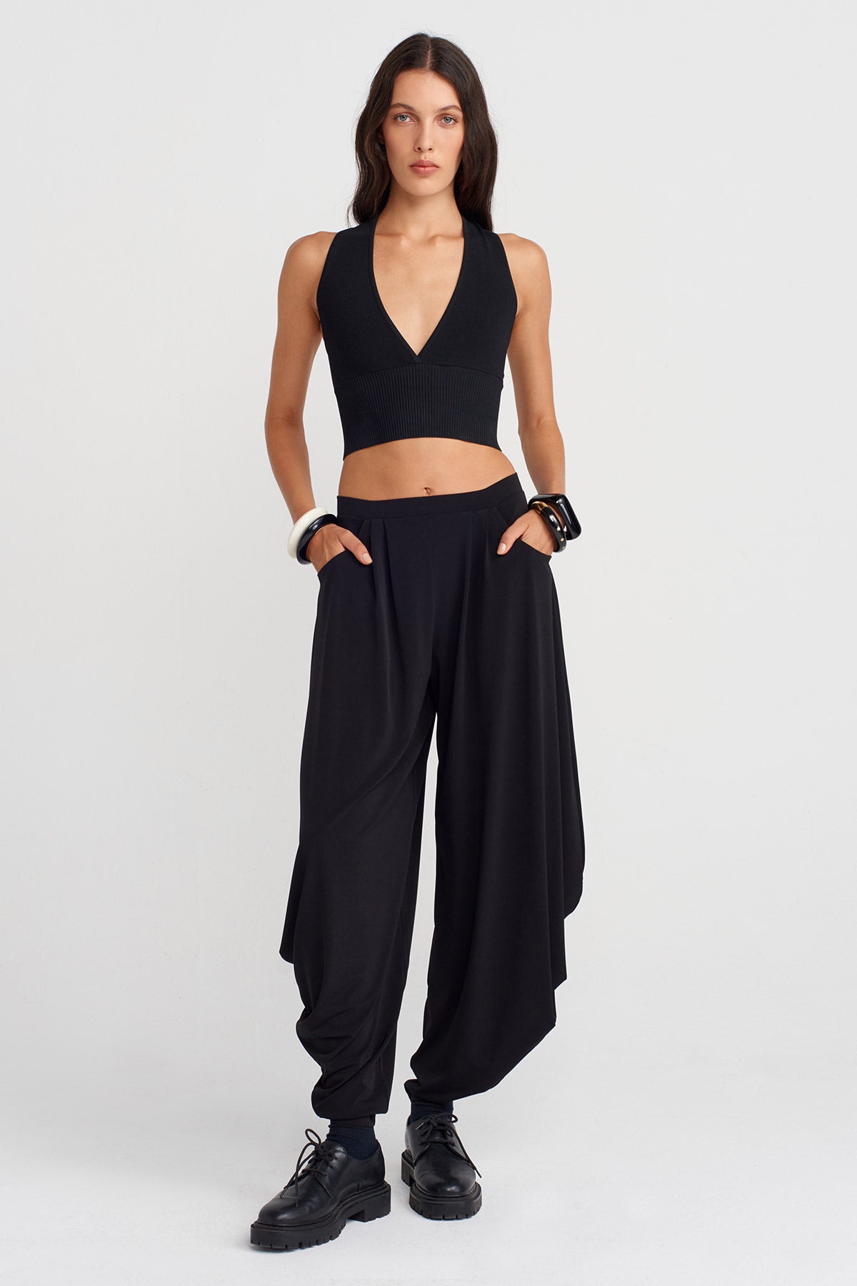 Black Jersey Pants with Side Drapes-K253013076