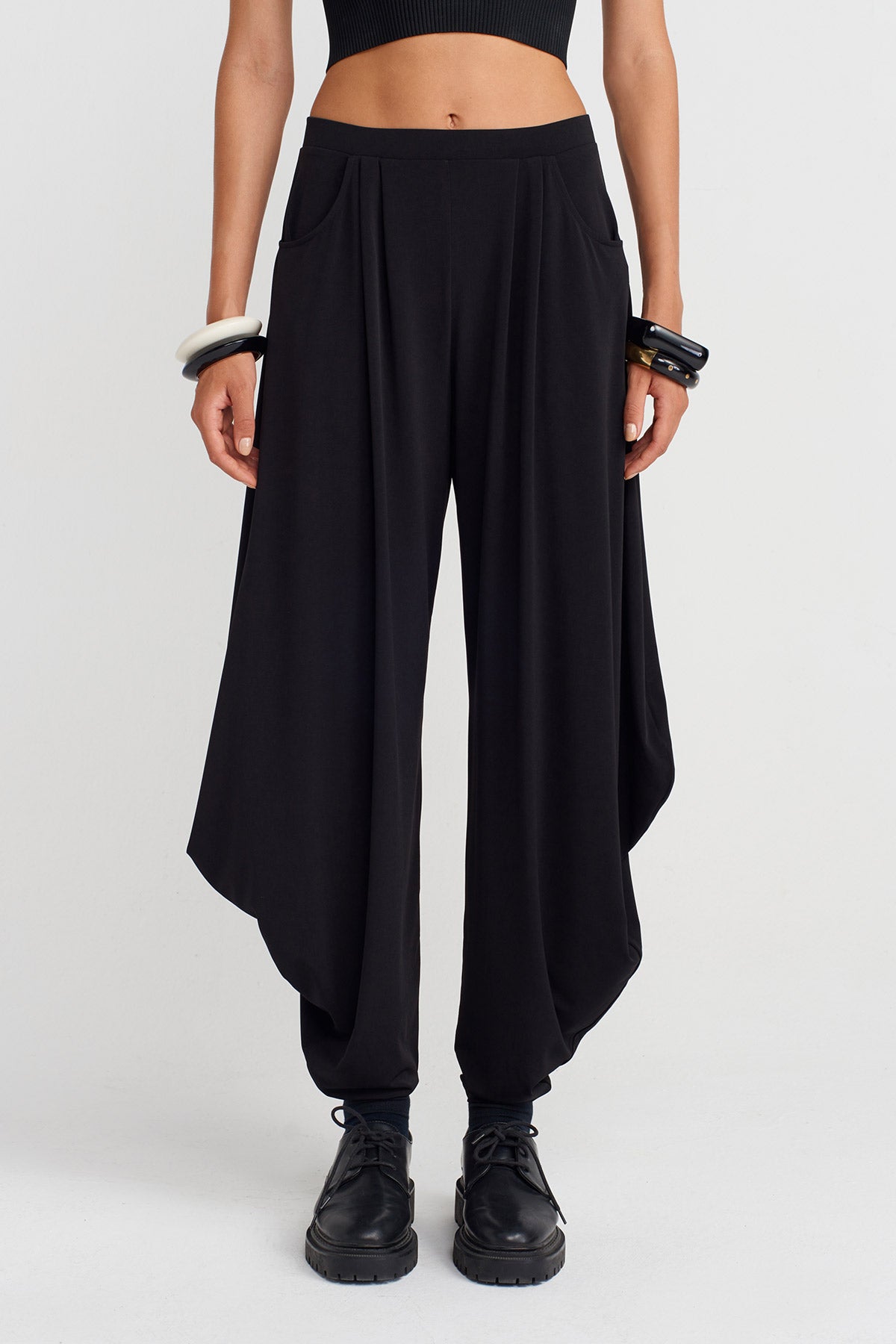 Black Jersey Pants with Side Drapes-K253013076