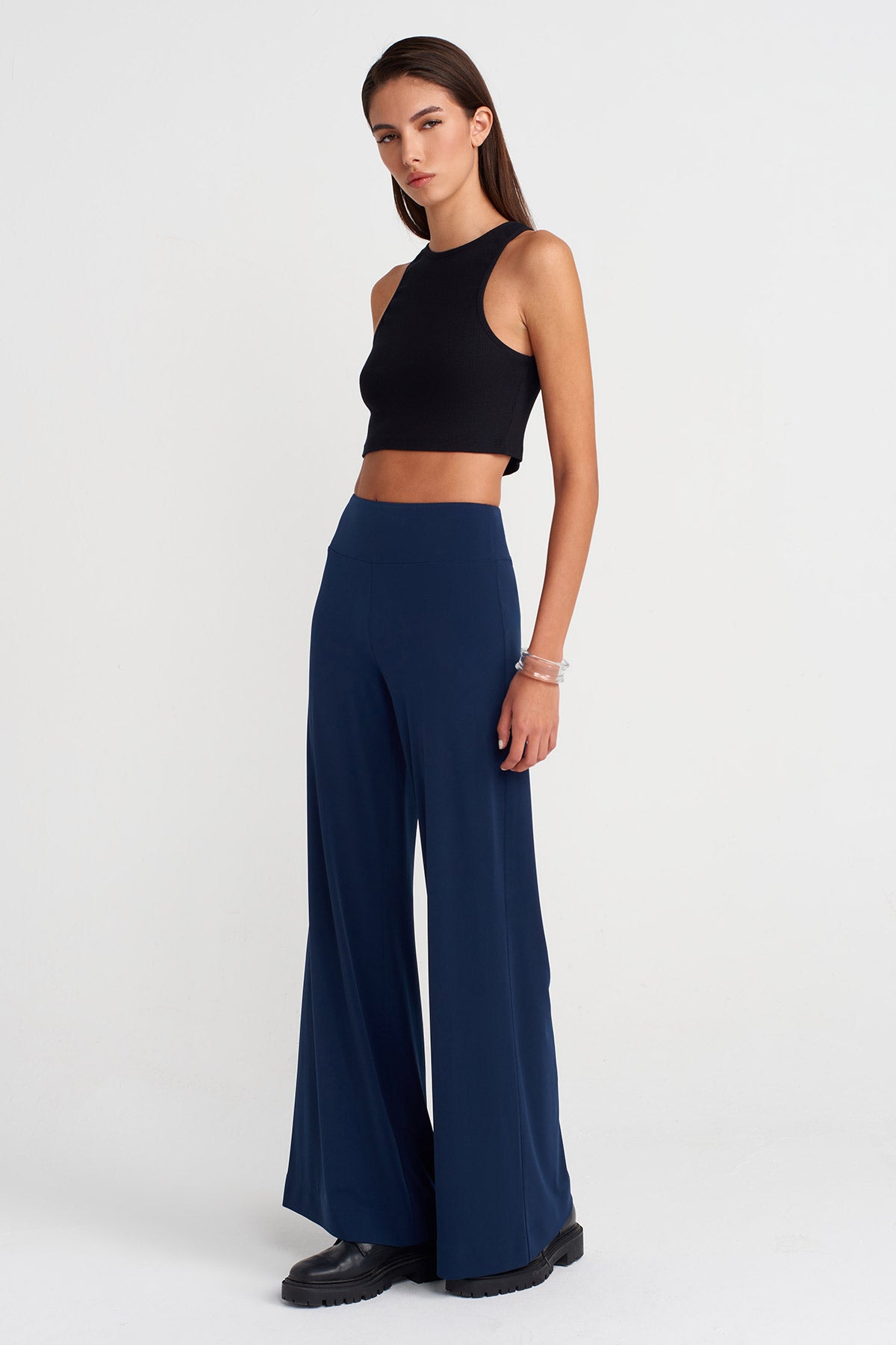 Black Blue Wide Leg Jersey Trousers-K253013078