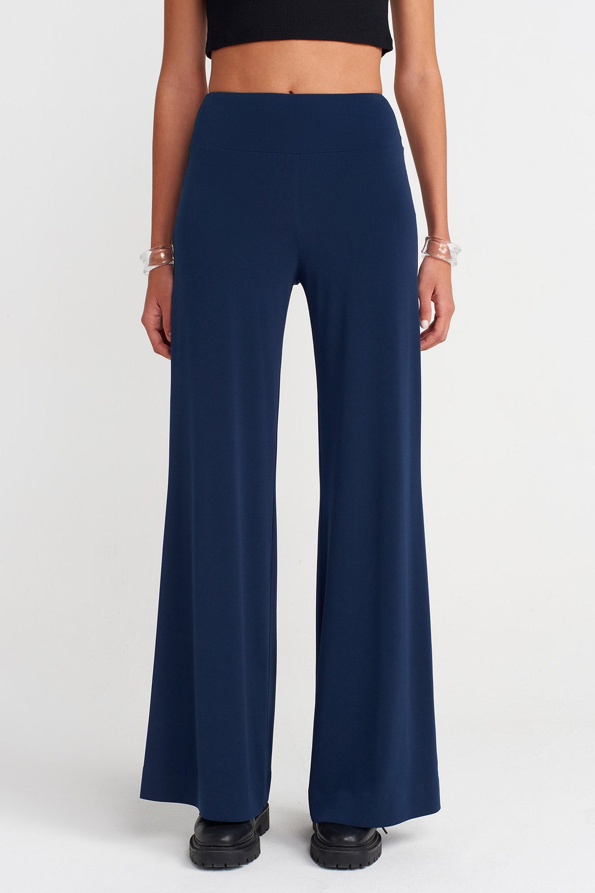 Black Blue Wide Leg Jersey Trousers-K253013078