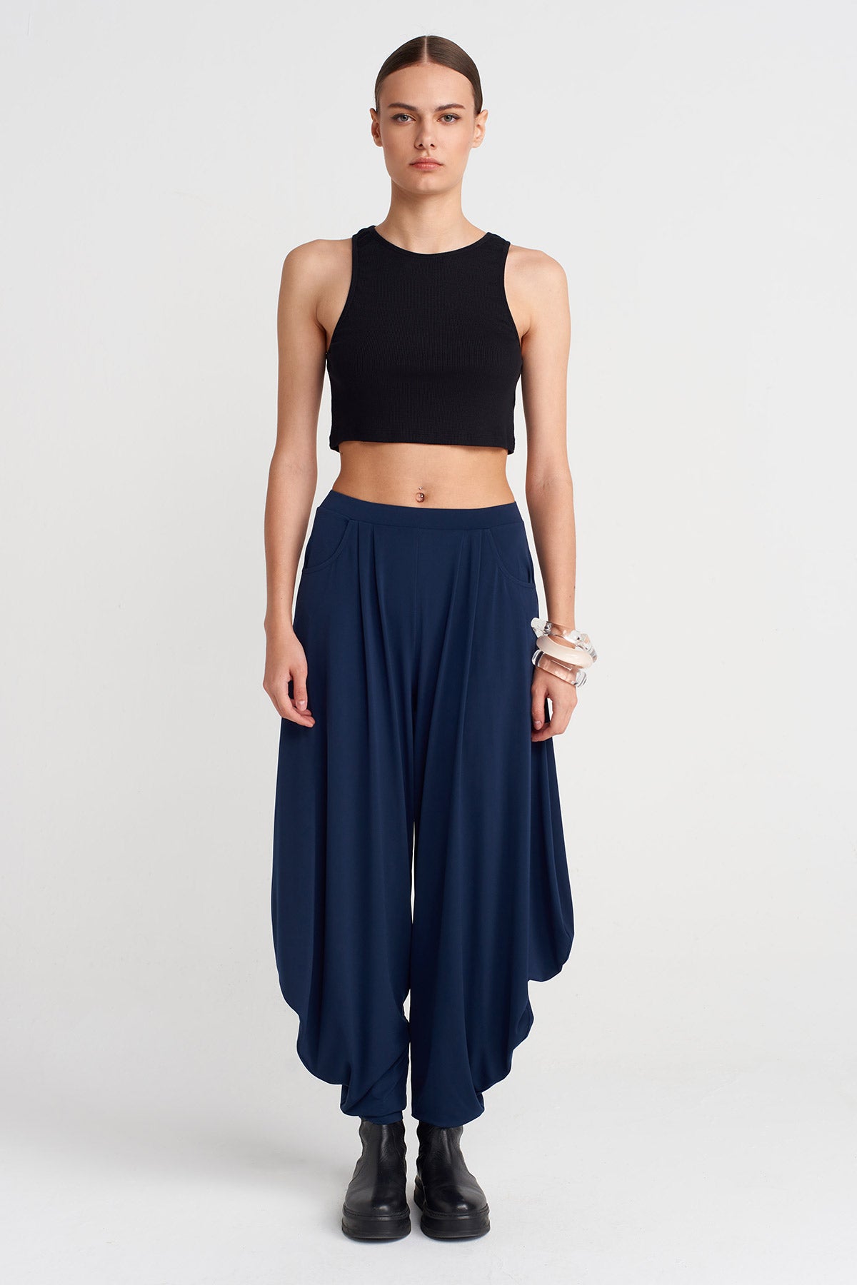 Black Blue Draped Jersey Trousers-K253013079
