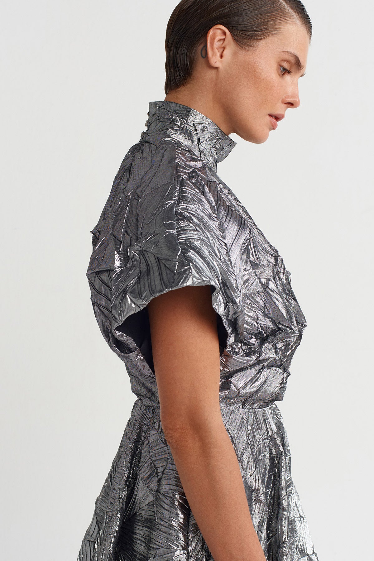 Silver Asymmetrical Cut Pleated Dress-K254014012