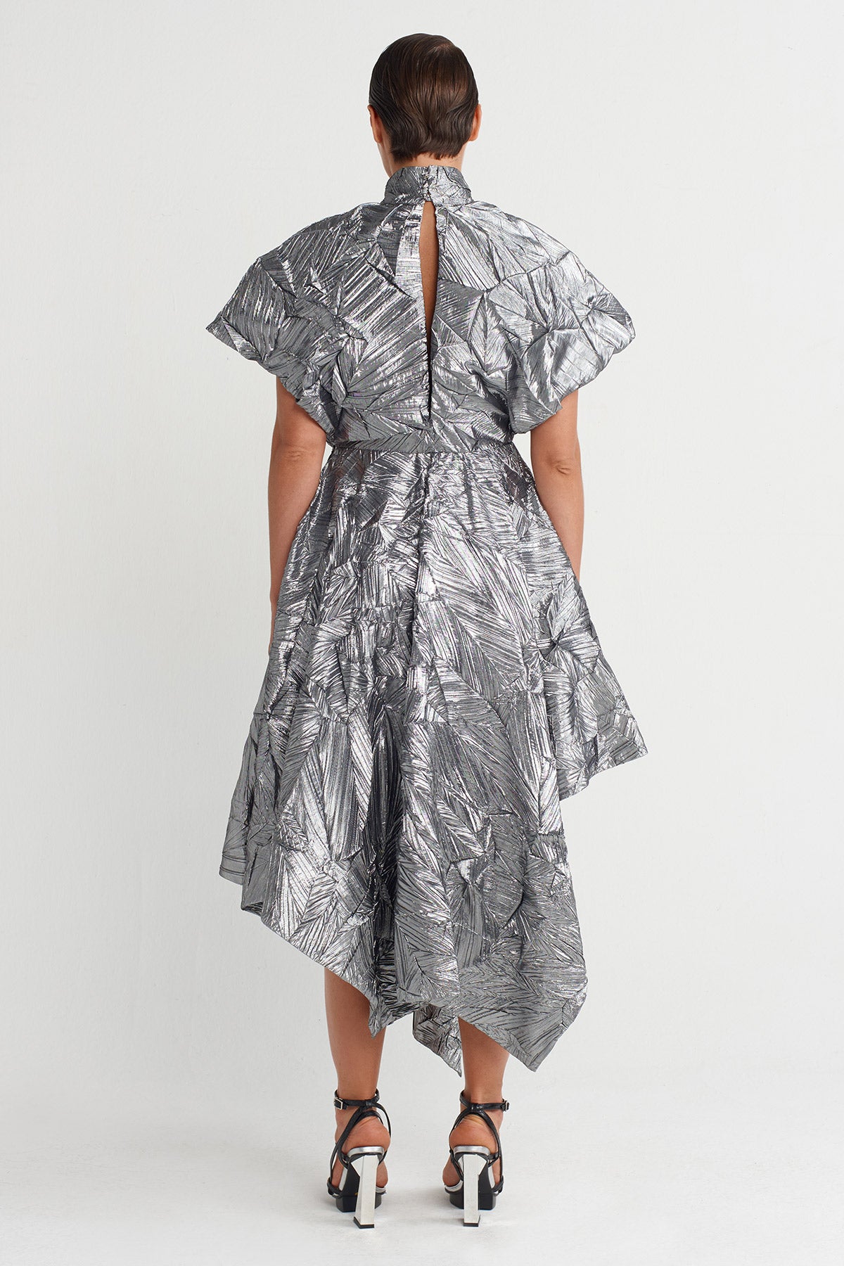 Silver Asymmetrical Cut Pleated Dress-K254014012