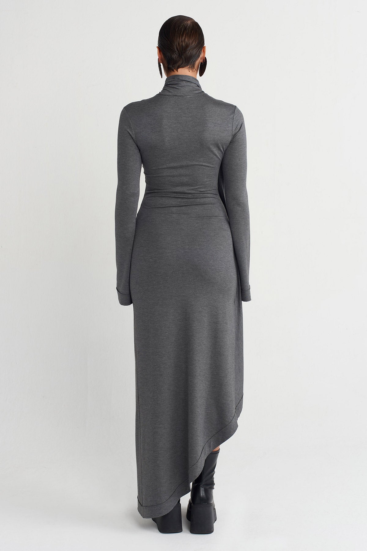 Darkgrey Melanj Asymmetrical Shawl Collar Long Dress-K254014014