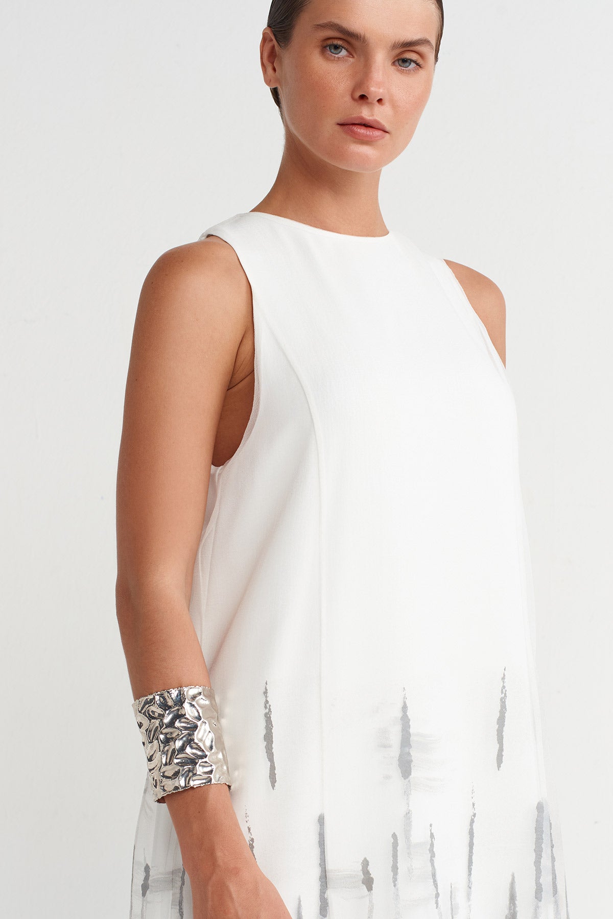 Off White Printed Organza Long Dress-K254014016