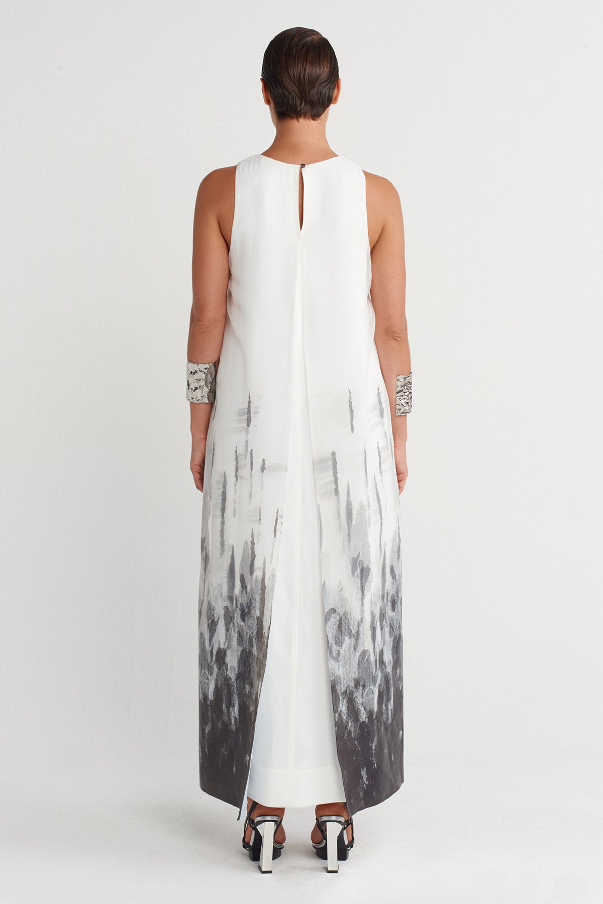 Off White Printed Organza Long Dress-K254014016