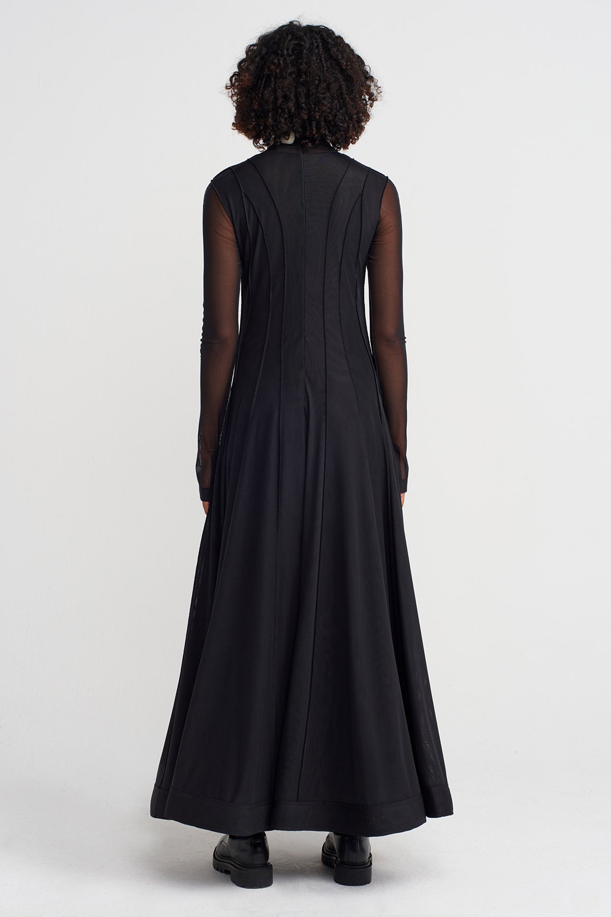 Black-Natur Long Tulle Dress with Embroidered Neckline-K254014025