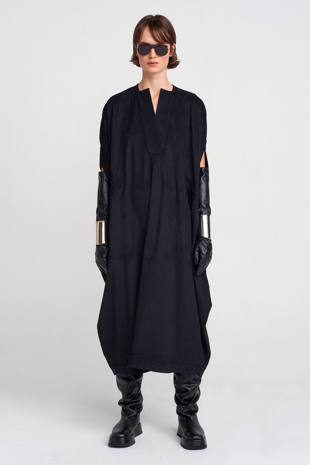 Black Suede-Effect Kaftan Dress-K254014030