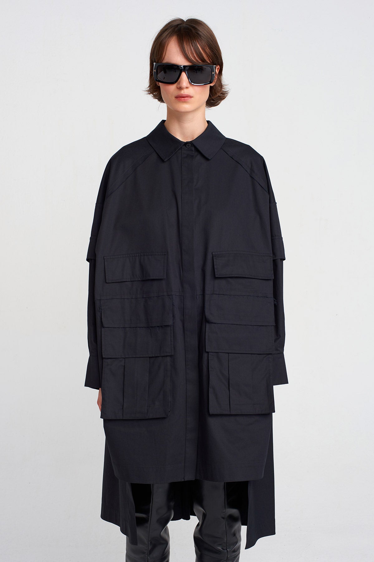 Black Shirt Dress with Pocket Details-K254014031