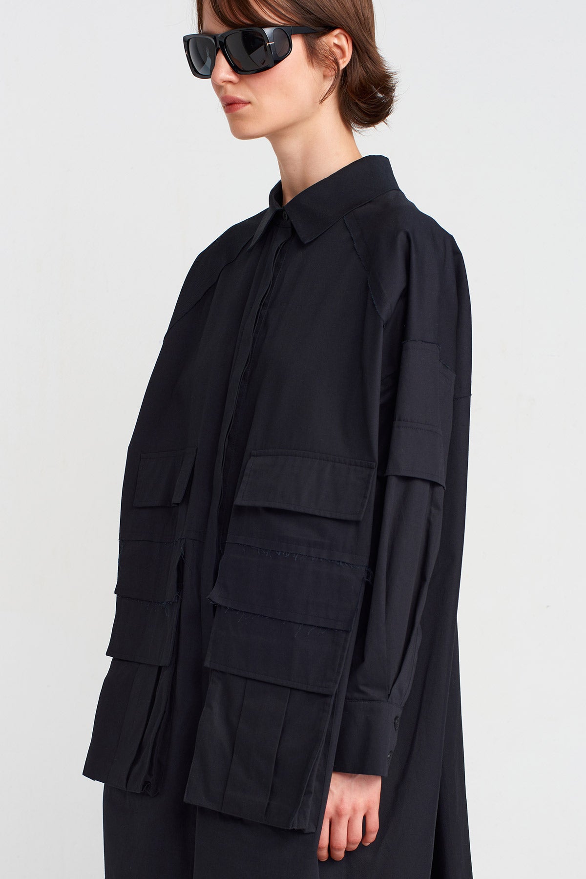 Black Shirt Dress with Pocket Details-K254014031
