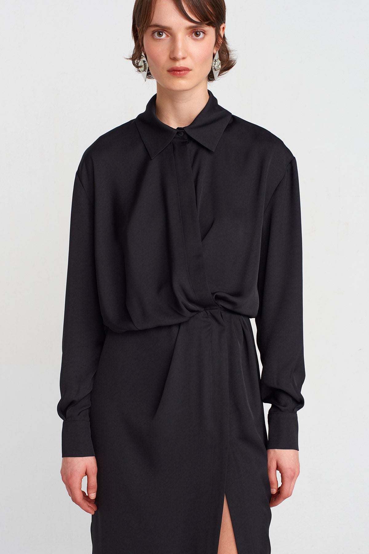 Black Deep Slit Dress with Train-K254014034