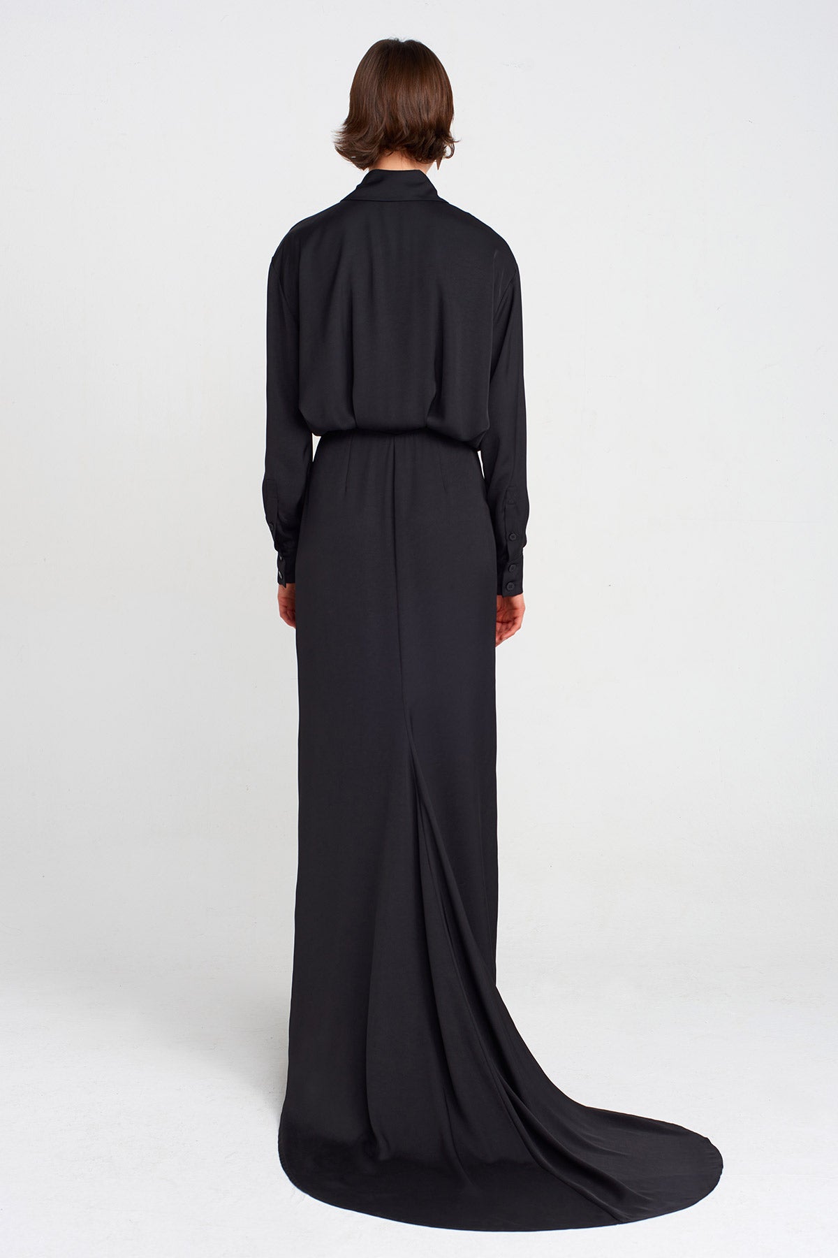 Black Deep Slit Dress with Train-K254014034