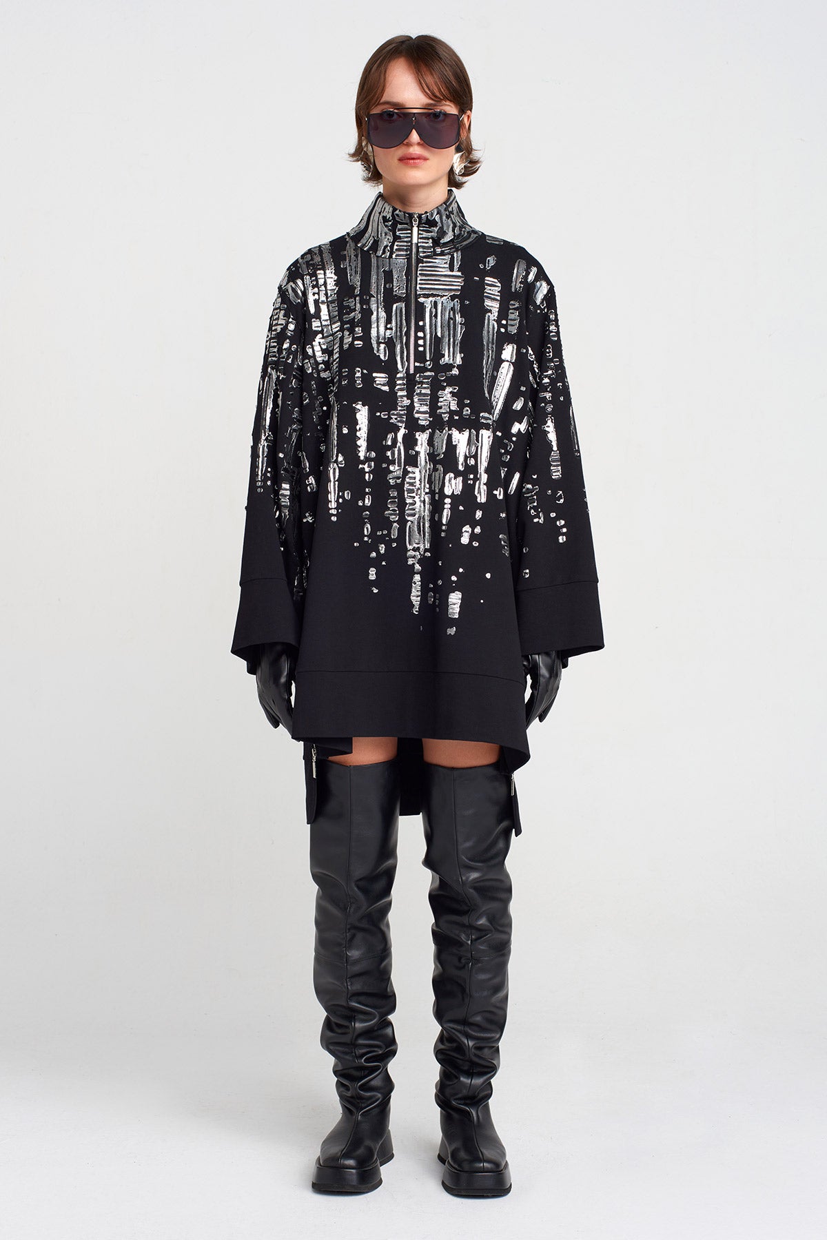 Black Embossed Metallic Print Mini Dress-K254014037