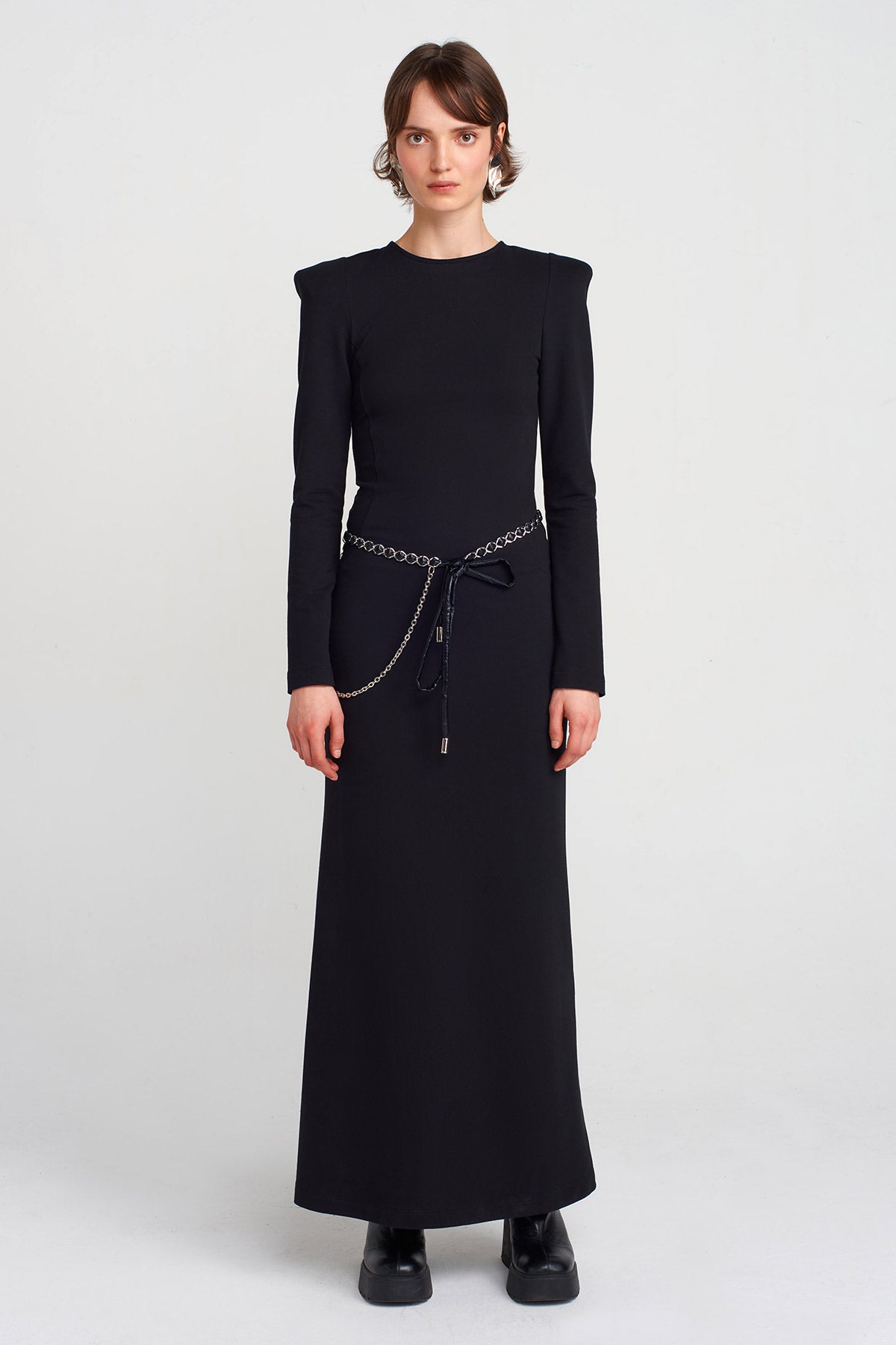 Black Long Padded-Shoulder Dress-K254014042