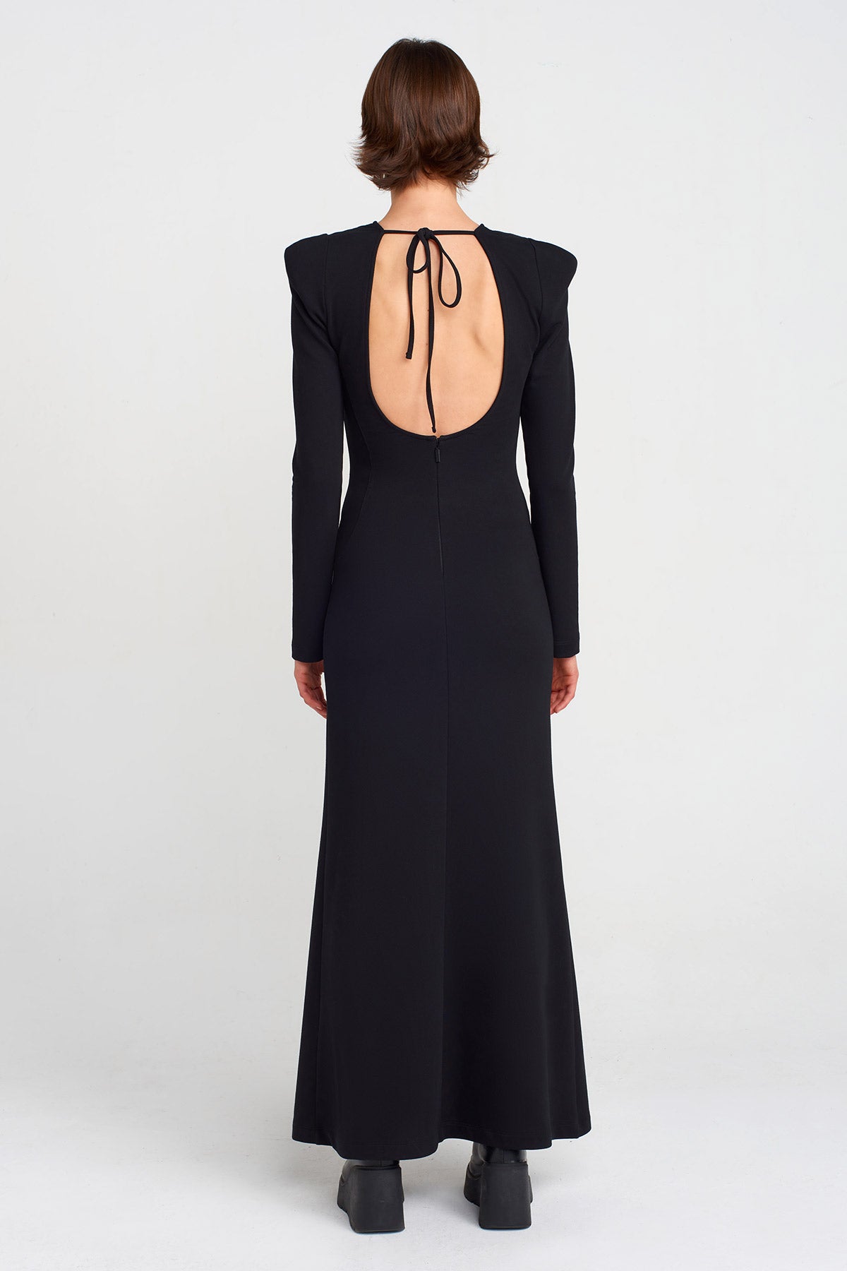 Black Long Padded-Shoulder Dress-K254014042