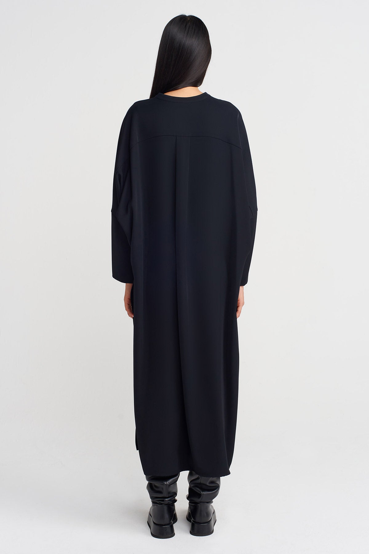 Black Long Shirt Dress with Side Slits-K254014043