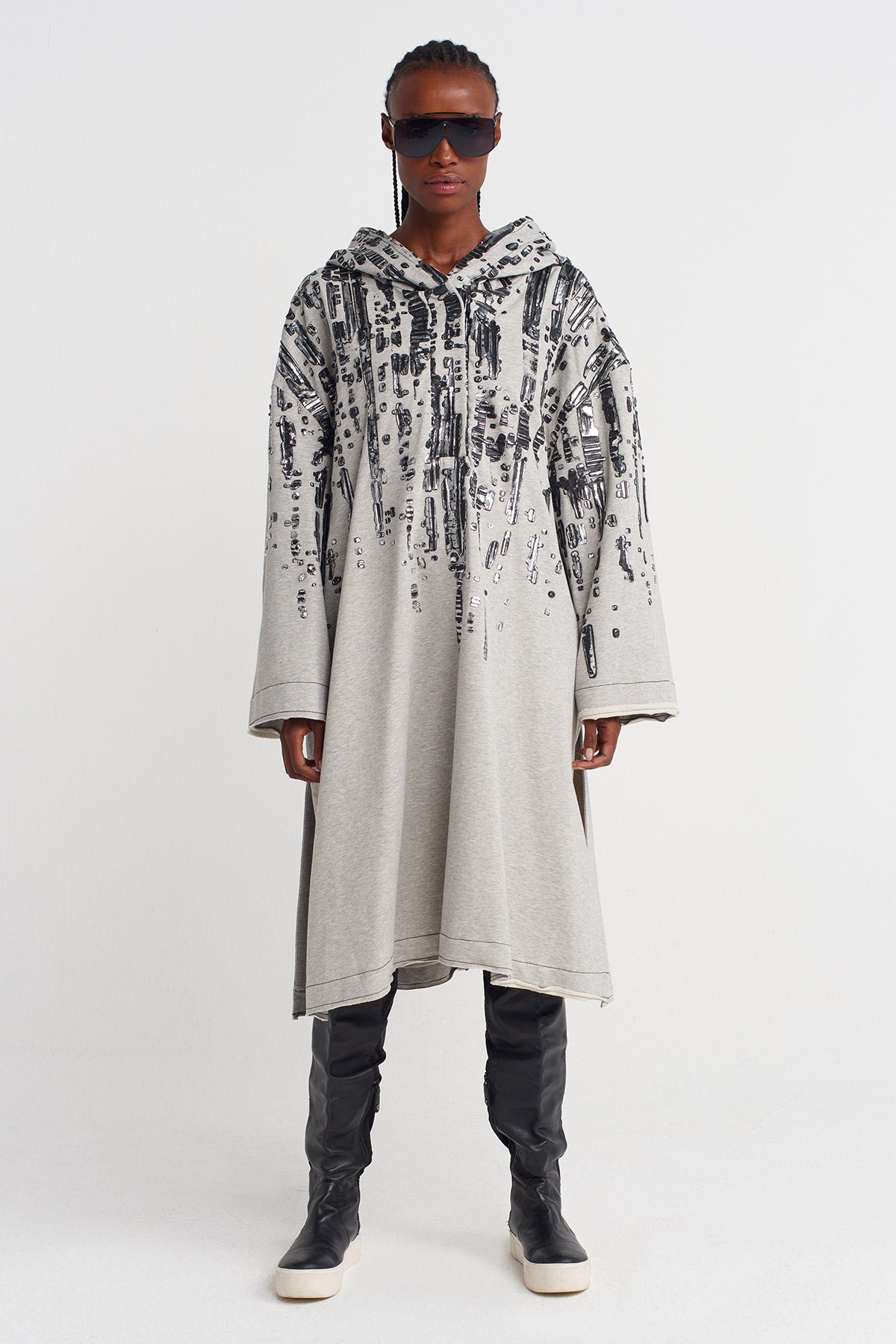 Light Grey Melange Embossed Foil Print Hooded Dress-K254014050