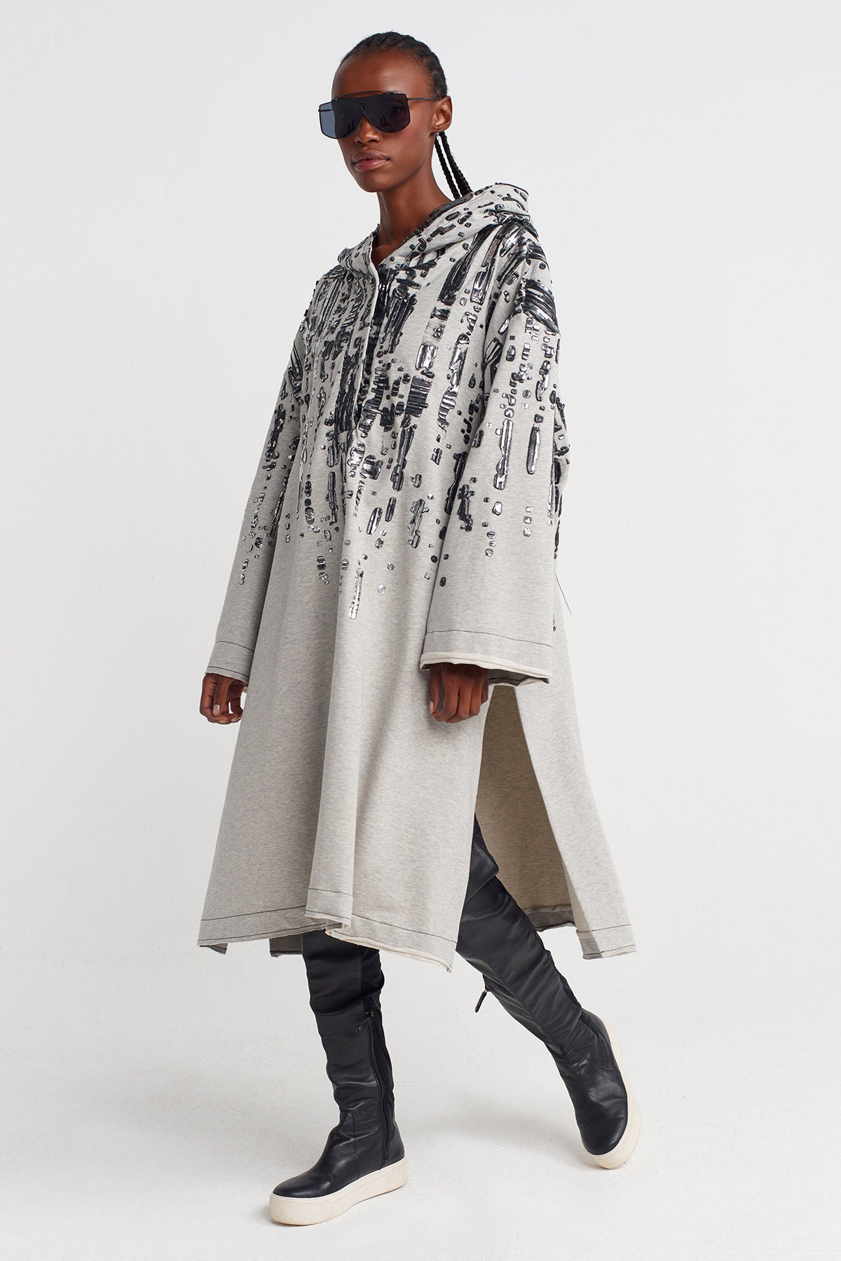 Light Grey Melange Embossed Foil Print Hooded Dress-K254014050