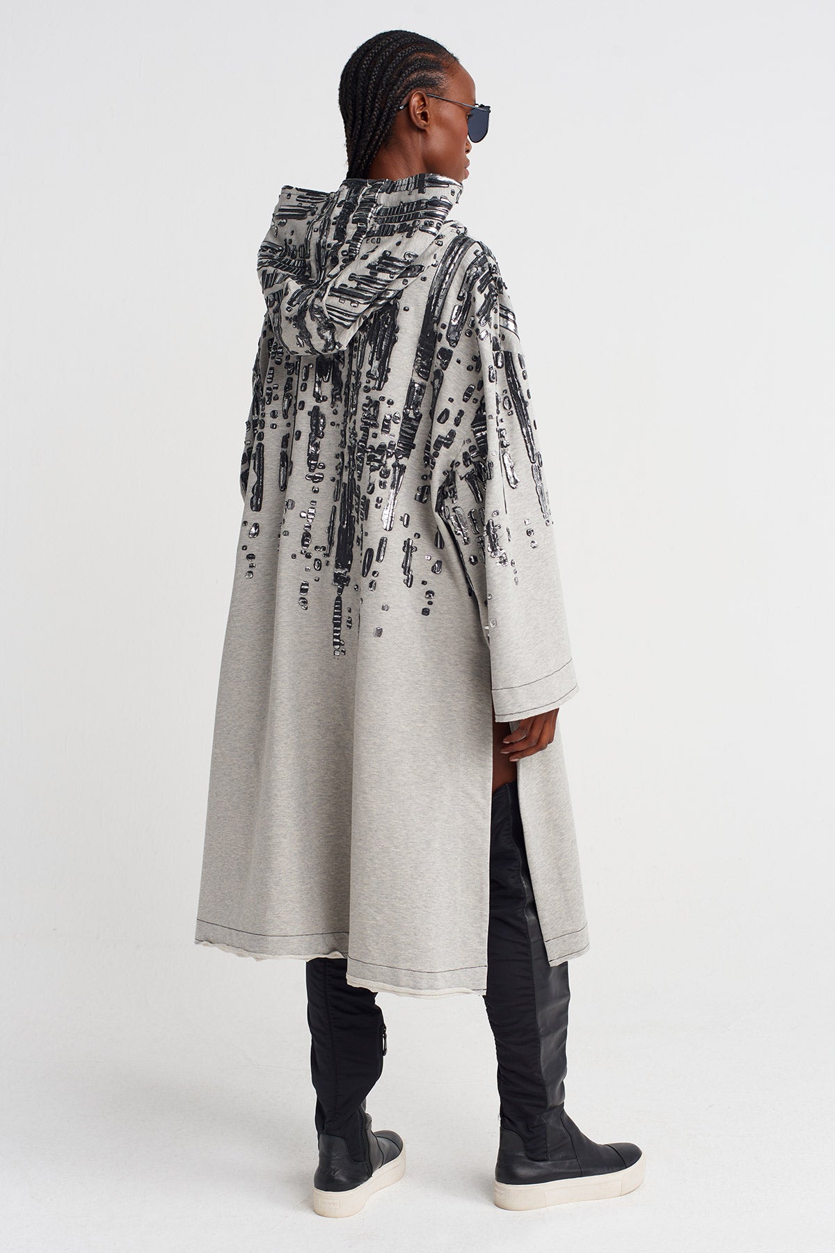 Light Grey Melange Embossed Foil Print Hooded Dress-K254014050