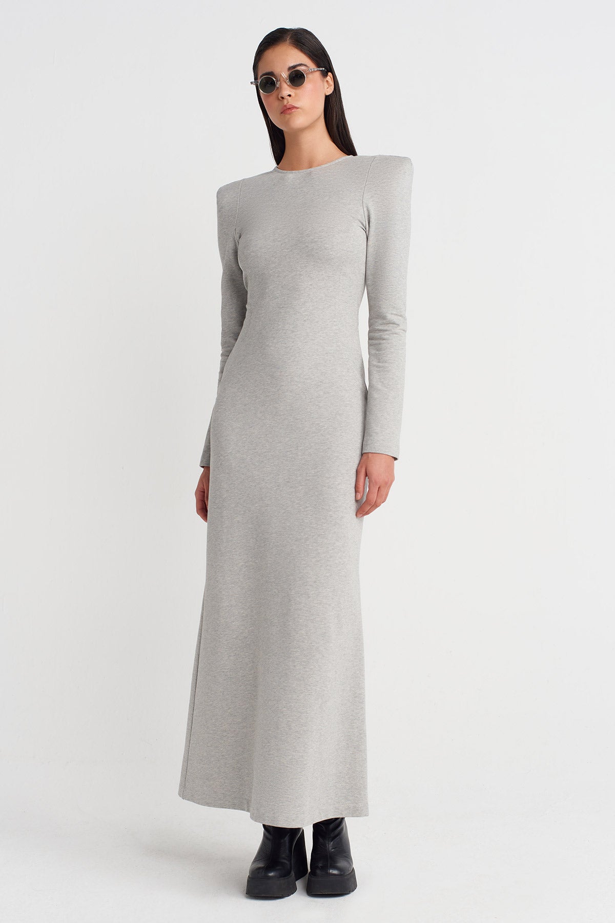 Light Grey Melange Long Fitted Dress with Shoulder Pads and Back Cut-Out-K254014051
