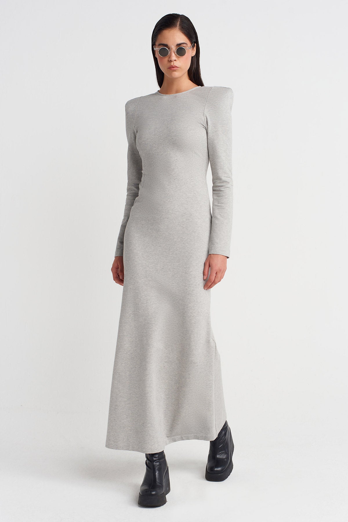 Light Grey Melange Long Fitted Dress with Shoulder Pads and Back Cut-Out-K254014051