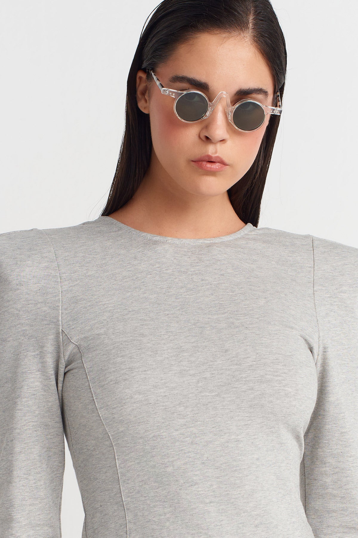 Light Grey Melange Long Fitted Dress with Shoulder Pads and Back Cut-Out-K254014051