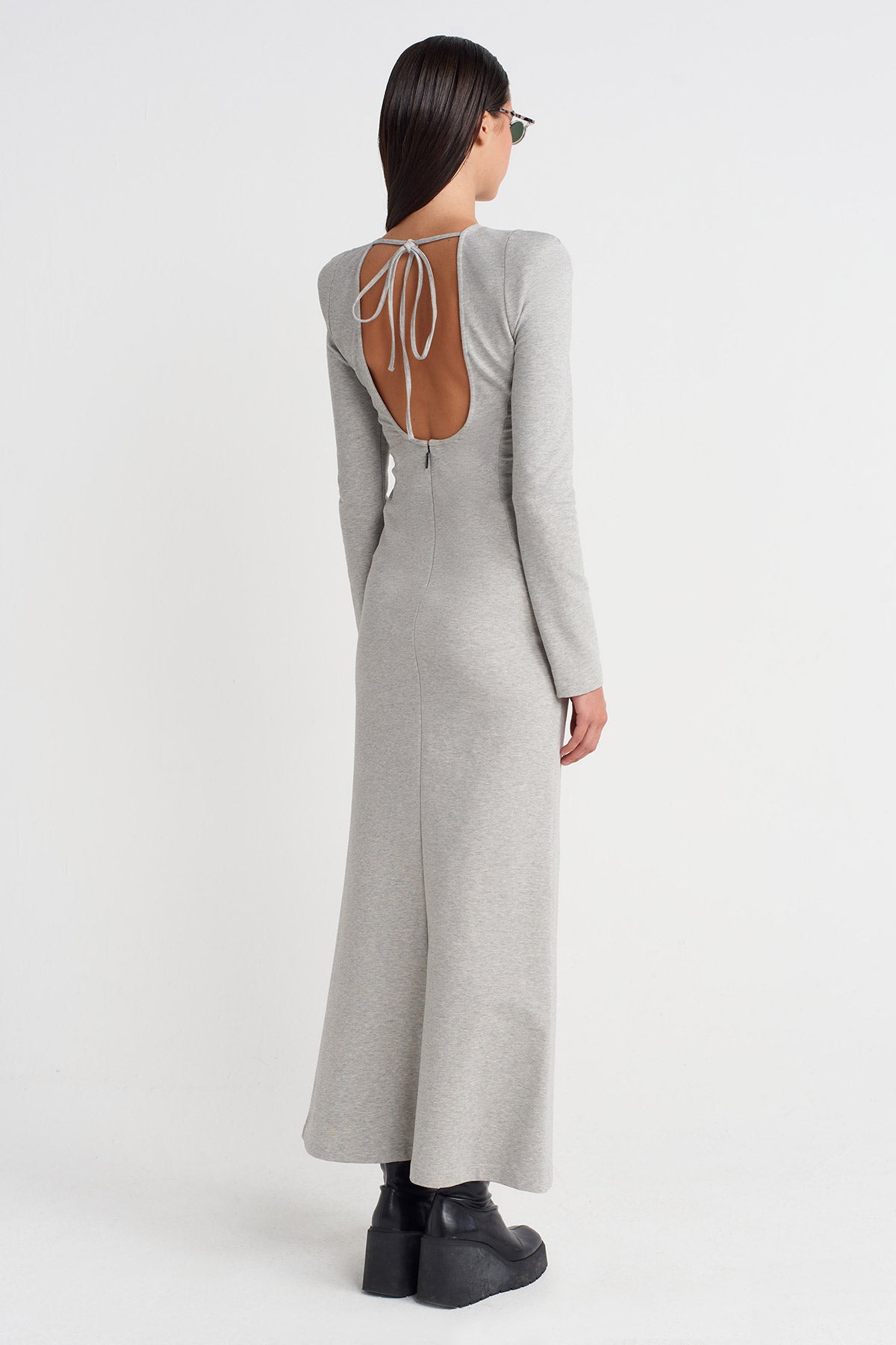 Light Grey Melange Long Fitted Dress with Shoulder Pads and Back Cut-Out-K254014051
