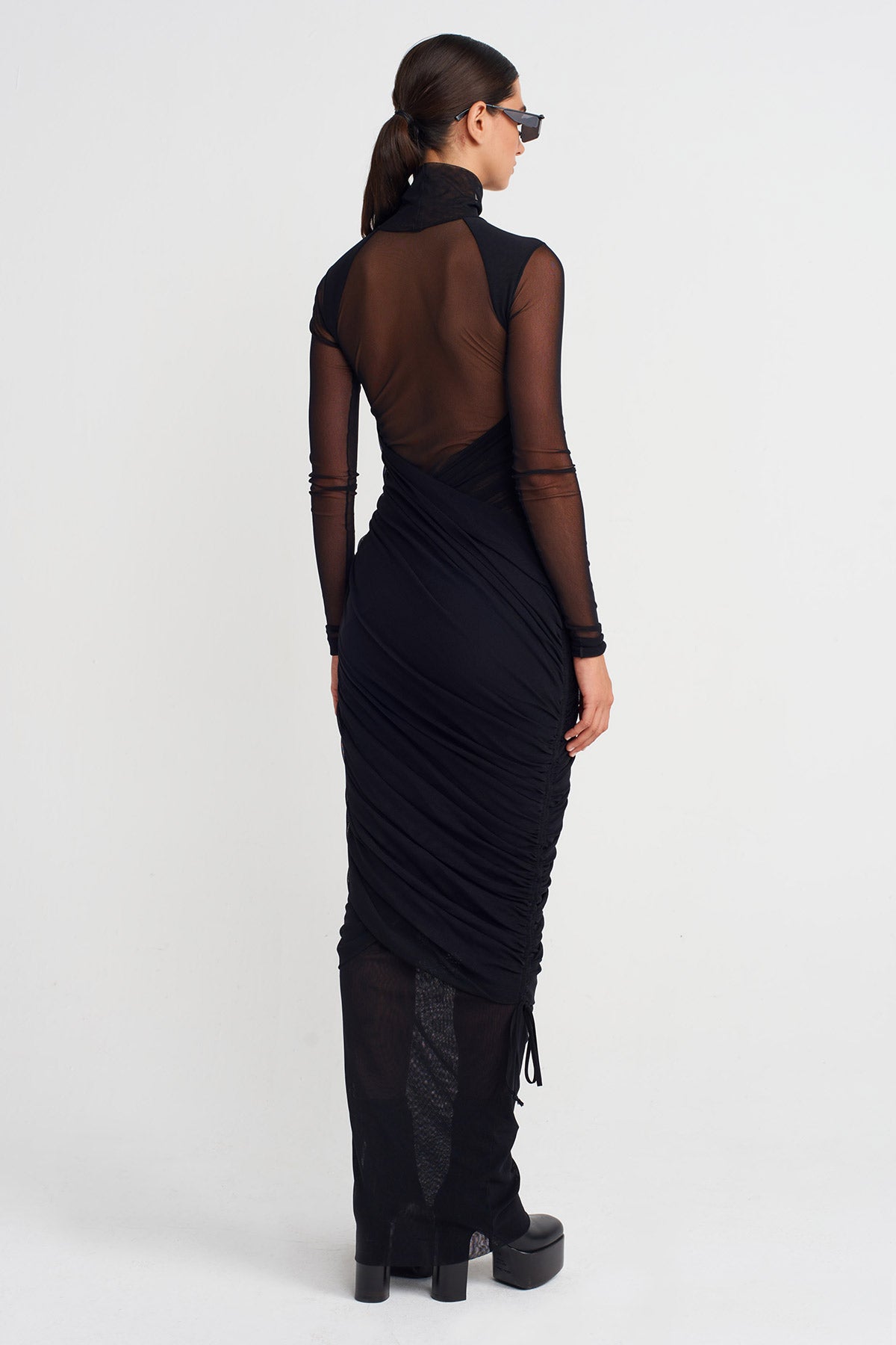 Black Ruched Long Tulle Dress-K254014053