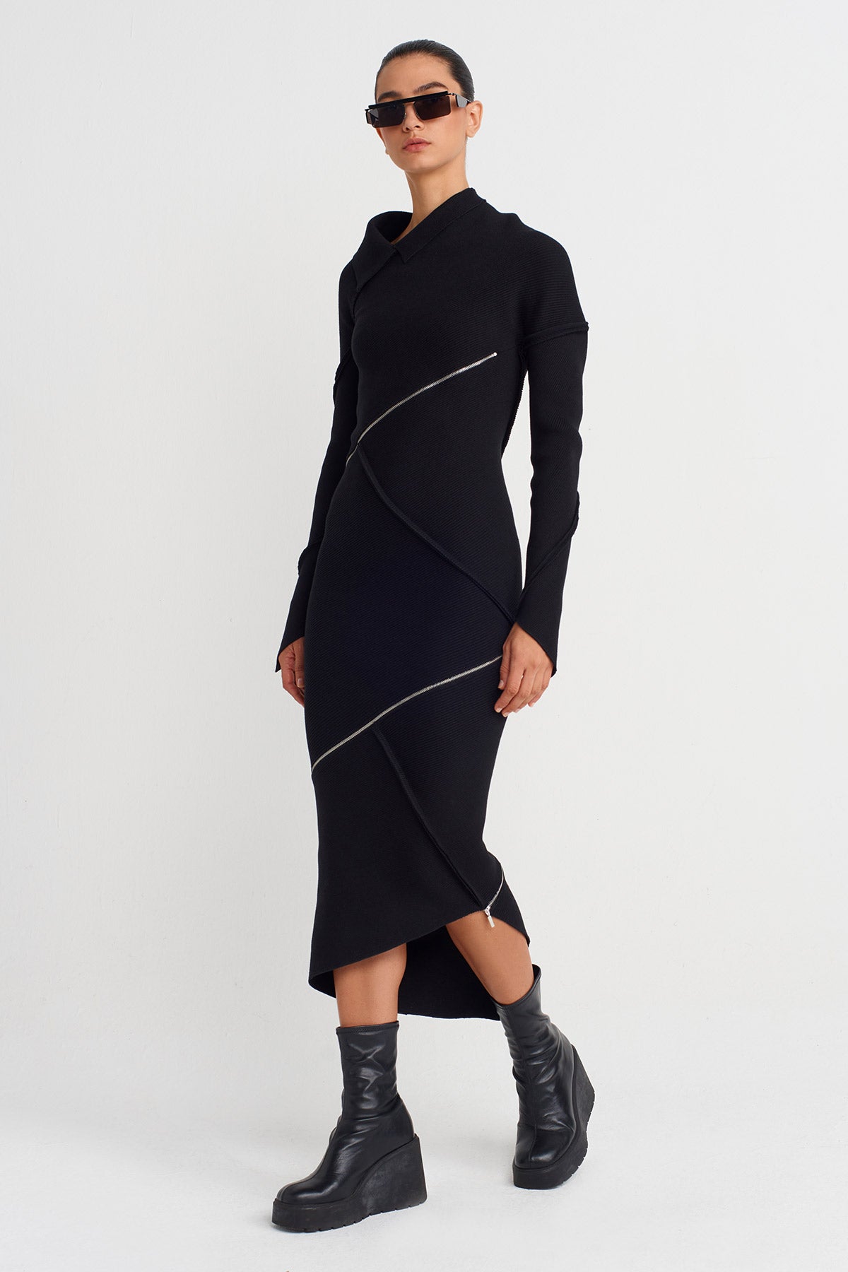 Black Asymmetric Zip-Detail Dress-K254014058