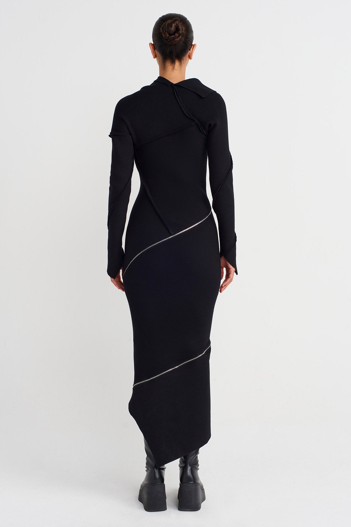 Black Asymmetric Zip-Detail Dress-K254014058