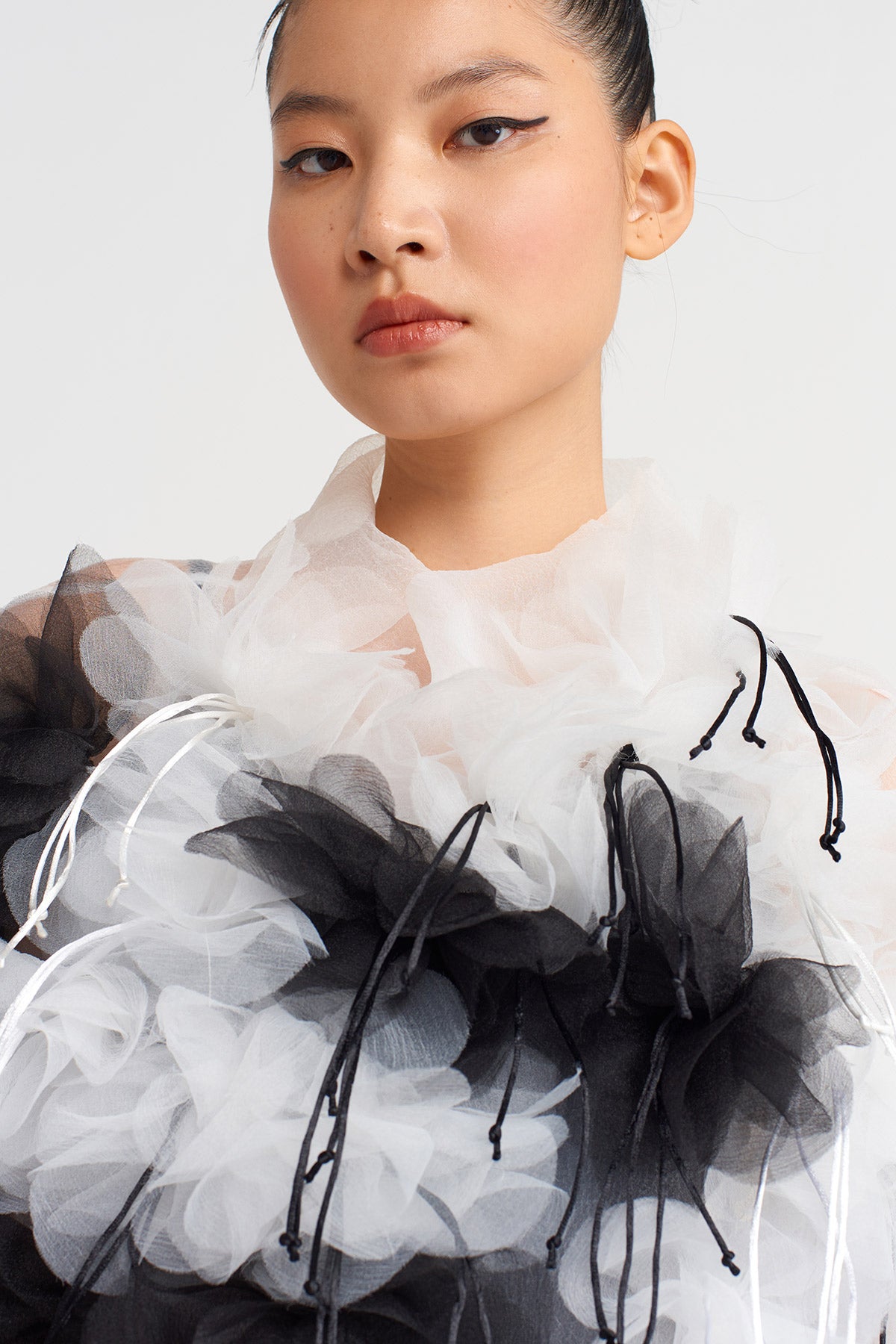 White / Black Floral Embroidered Organza Dress-K254014065