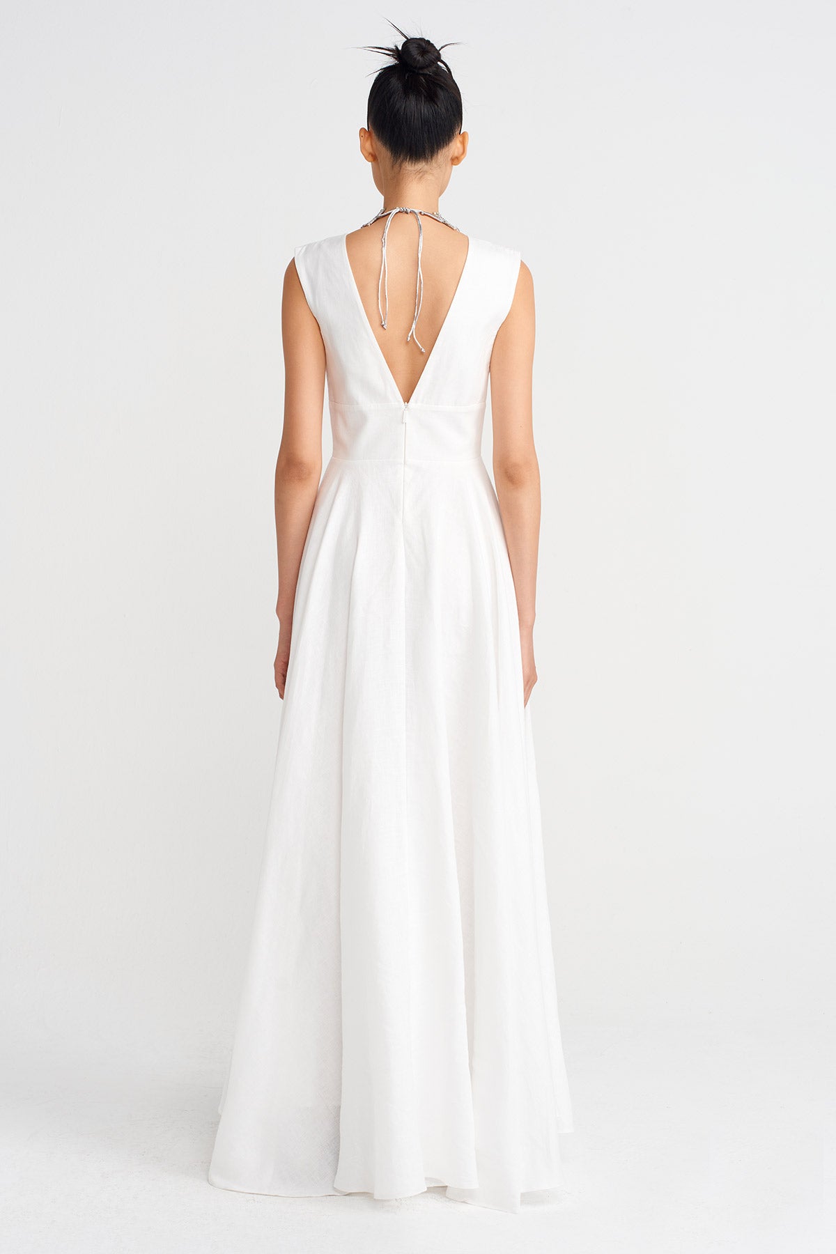 Off White Deep V-Neck Long Linen Dress-K254014068